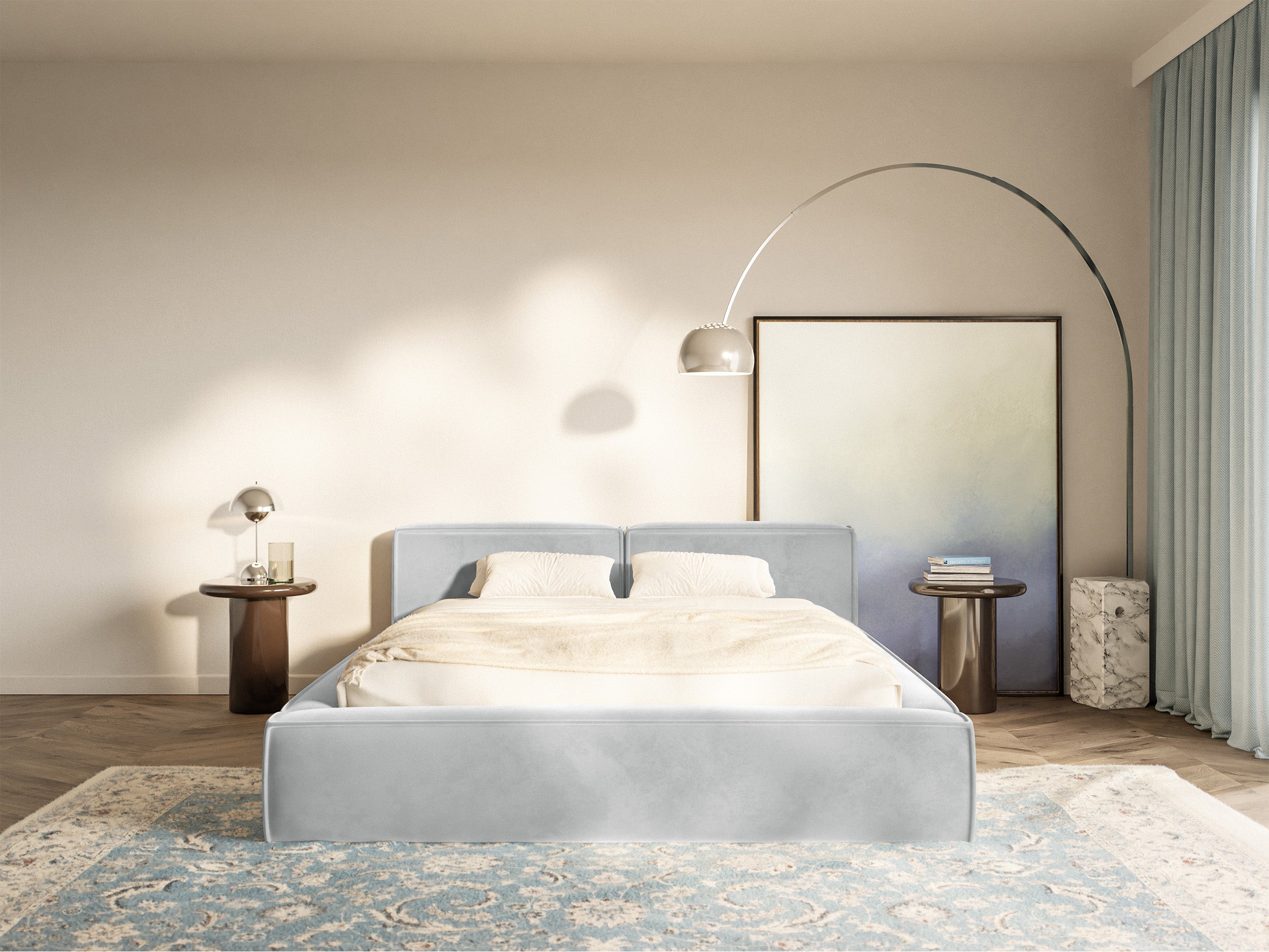 Łóżko tapicerowane 140x200 cm Tilves Slim Low z pojemnikiem stelaż metalowy jasnoszare welur