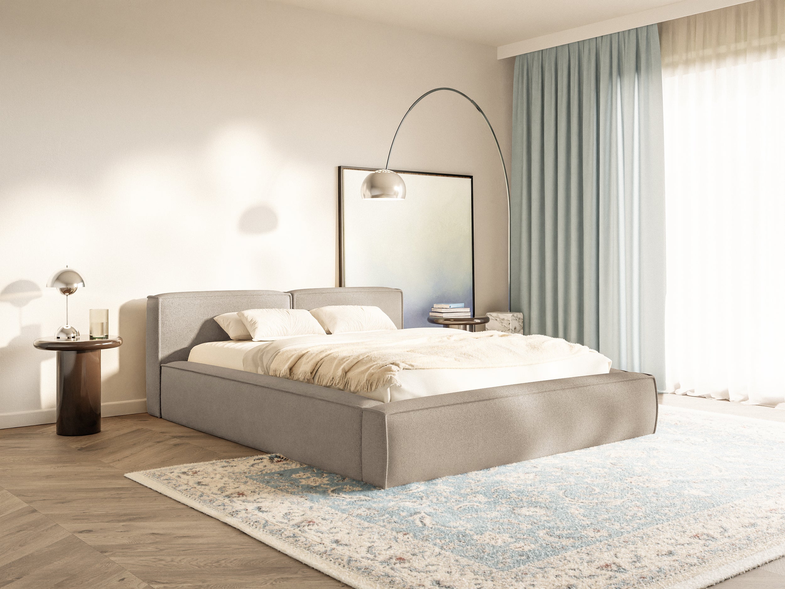 Łóżko tapicerowane 160x200 cm Tilves Slim Low z pojemnikiem stelaż metalowy beżowe szenil