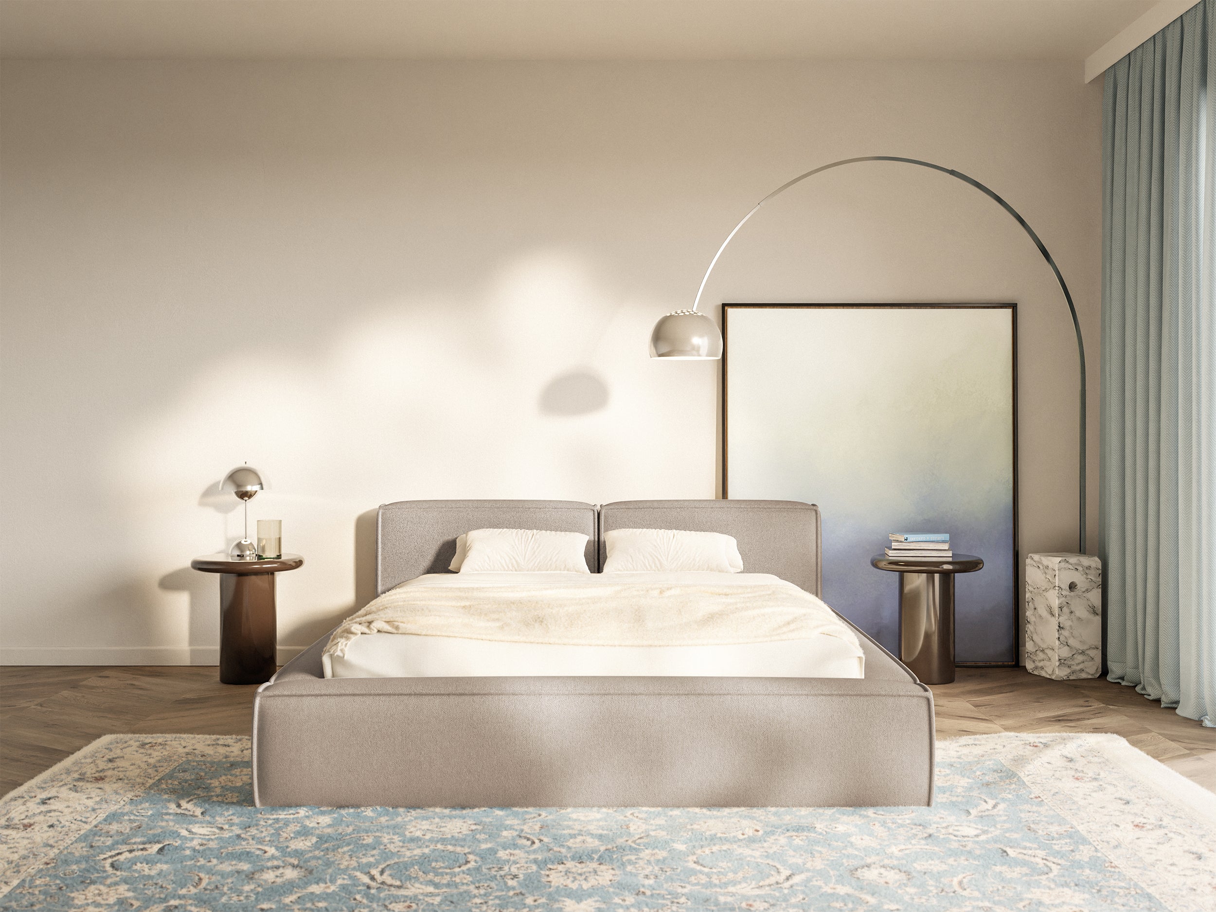 Łóżko tapicerowane 160x200 cm Tilves Slim Low z pojemnikiem stelaż metalowy beżowe szenil