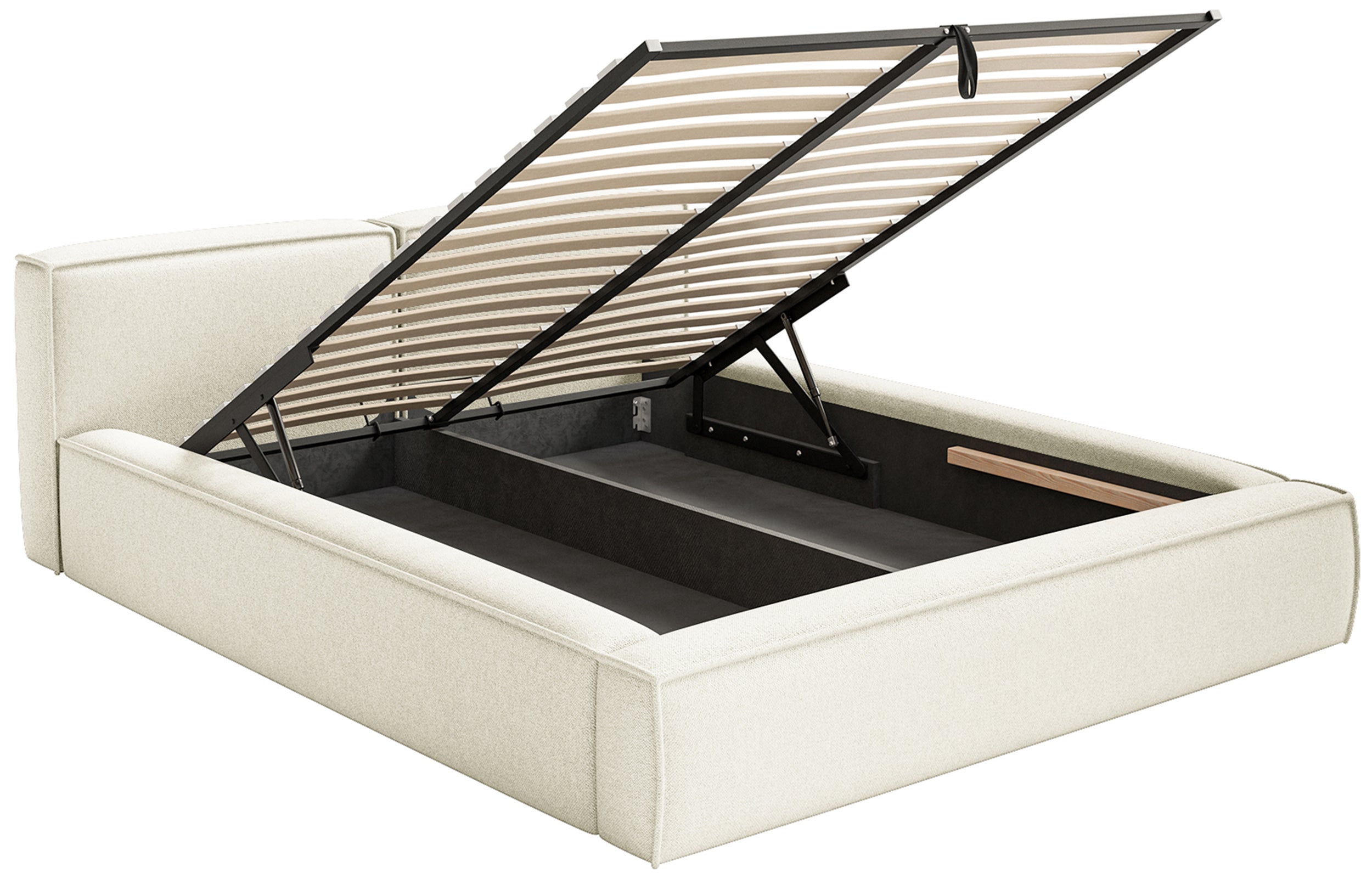 Łóżko tapicerowane 200x200 cm Tilves Slim Low z pojemnikiem stelaż metalowy kremowe szenil