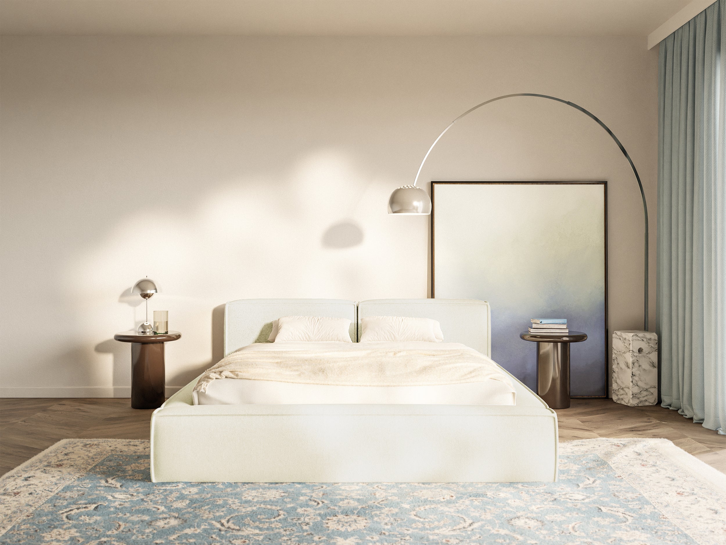 Łóżko tapicerowane 180x200 cm Tilves Slim Low z pojemnikiem stelaż metalowy kremowe szenil