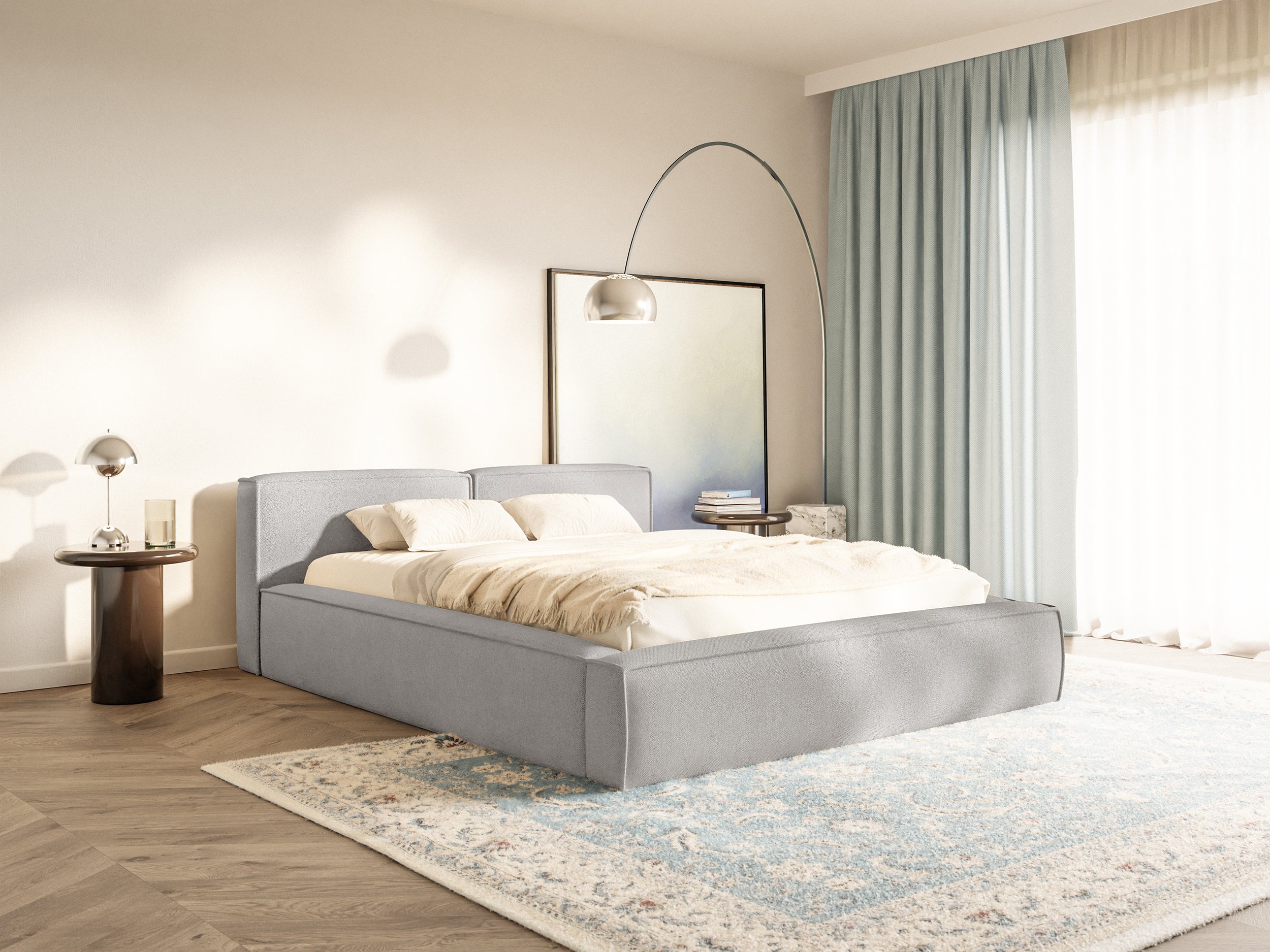 Łóżko tapicerowane 160x200 cm Tilves Slim Low z pojemnikiem stelaż metalowy jasnoszare szenil