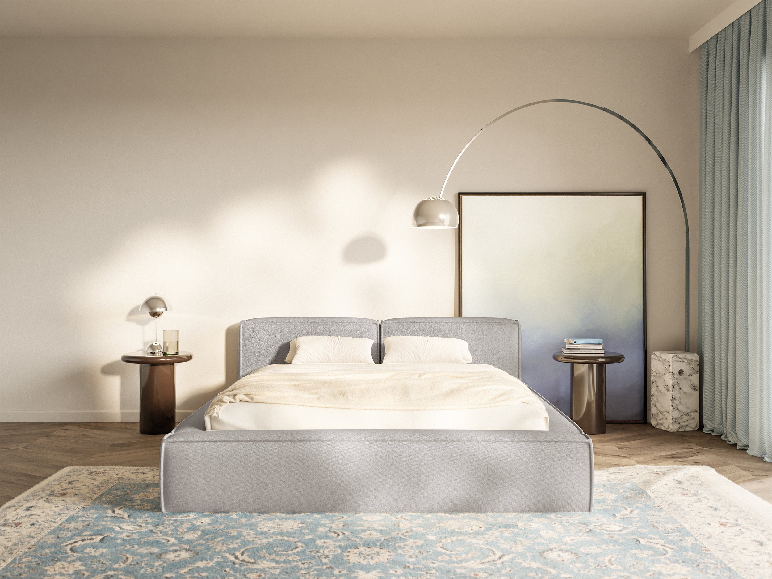Łóżko tapicerowane 180x200 cm Tilves Slim Low z pojemnikiem stelaż metalowy jasnoszare szenil