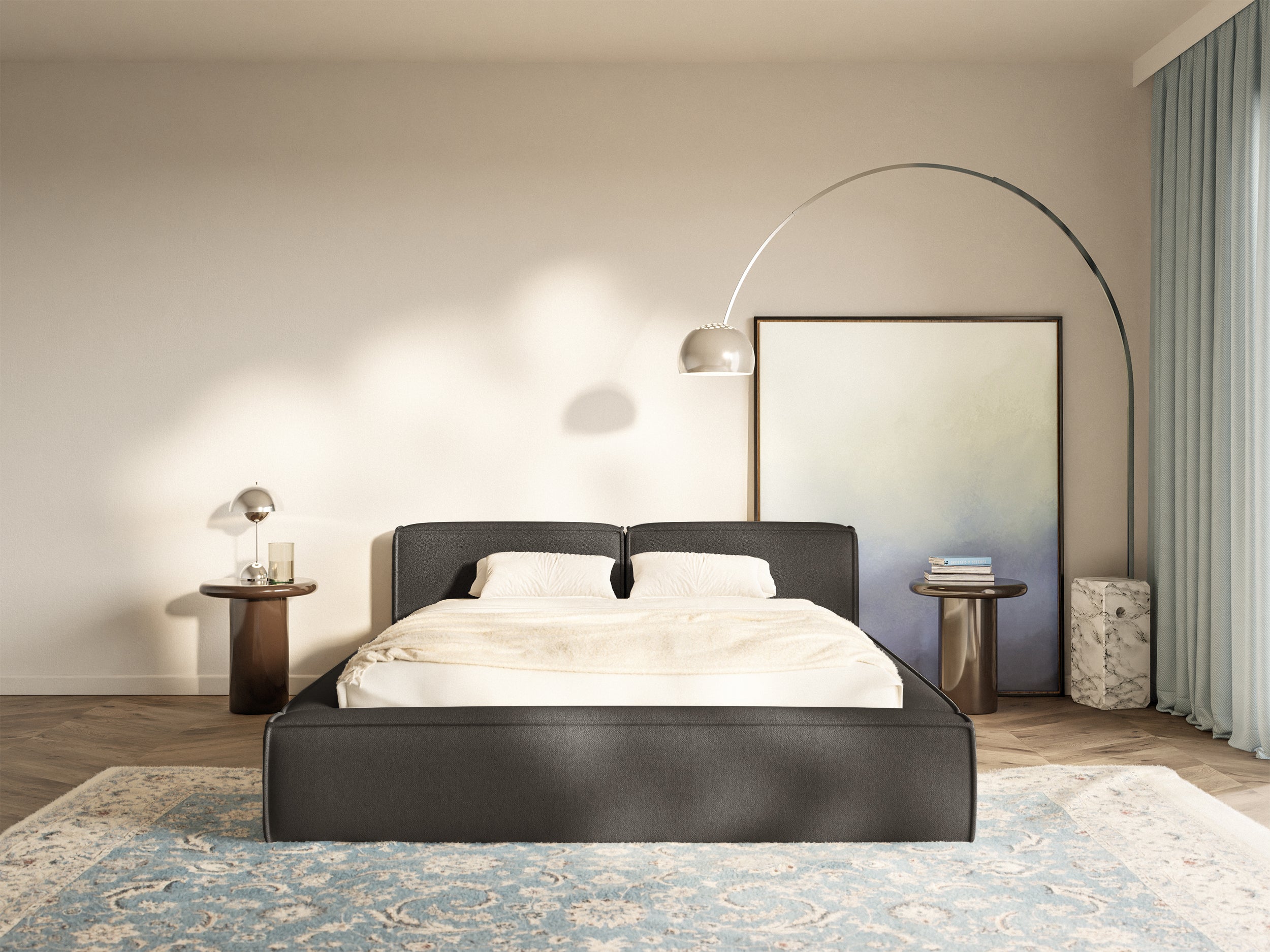 Łóżko tapicerowane 160x200 cm Tilves Slim Low z pojemnikiem stelaż metalowy grafitowe szenil