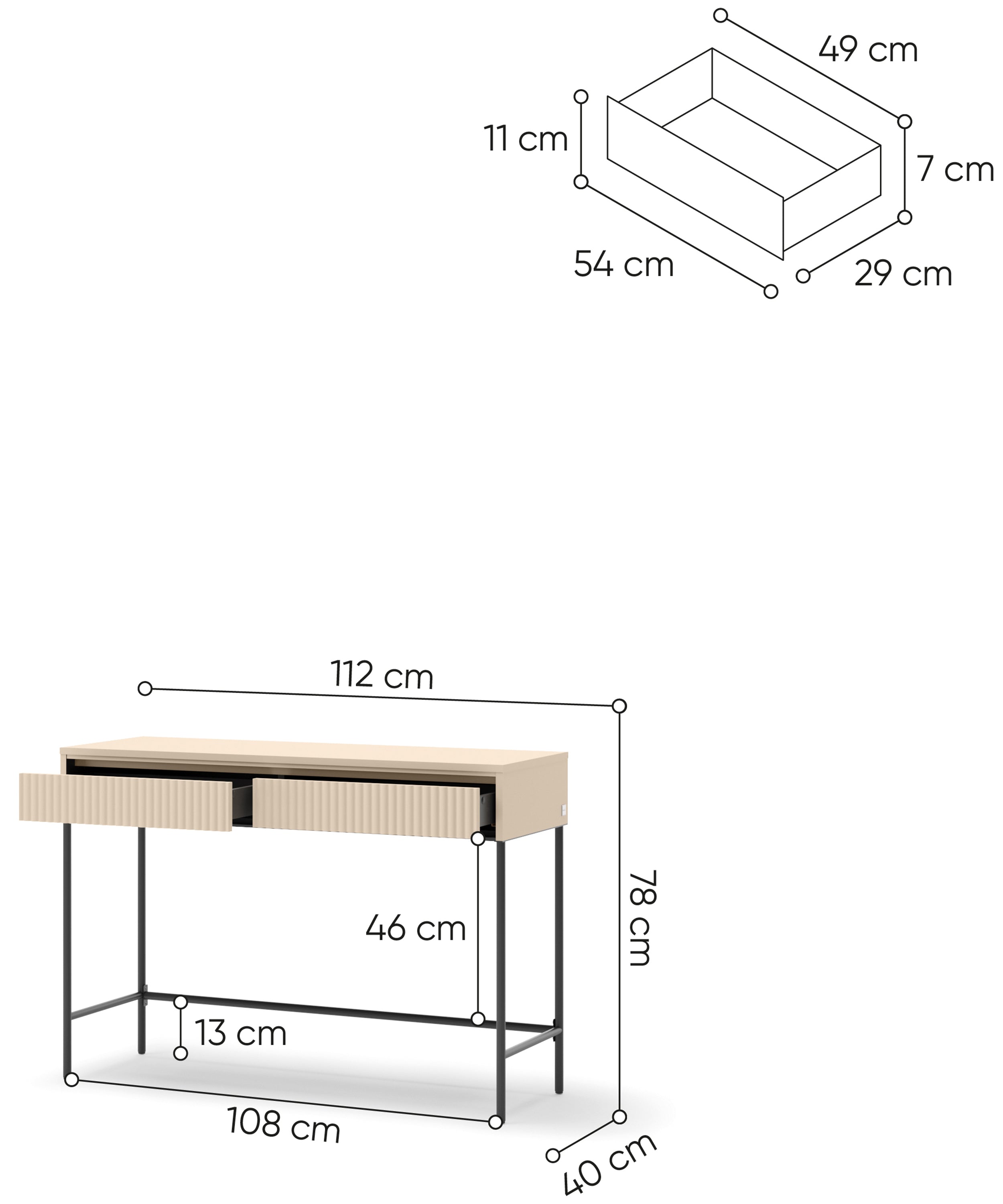 Toaletka Trend z szufladami i oświetleniem 112 cm ryflowane fronty beż piaskowy / czarny