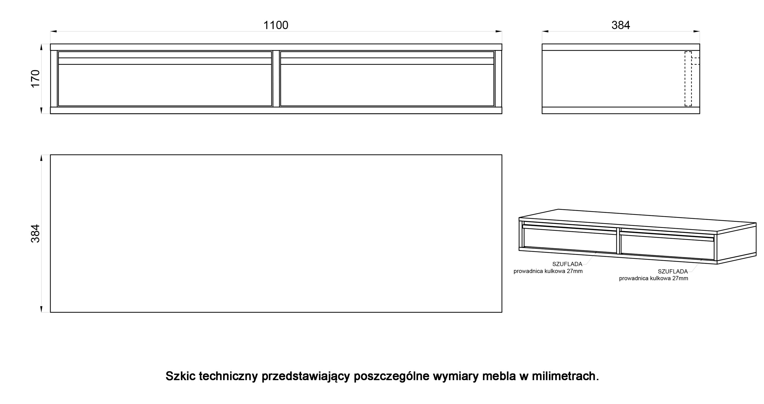 Toaletka Evo z szufladami wisząca 110 cm Czarna