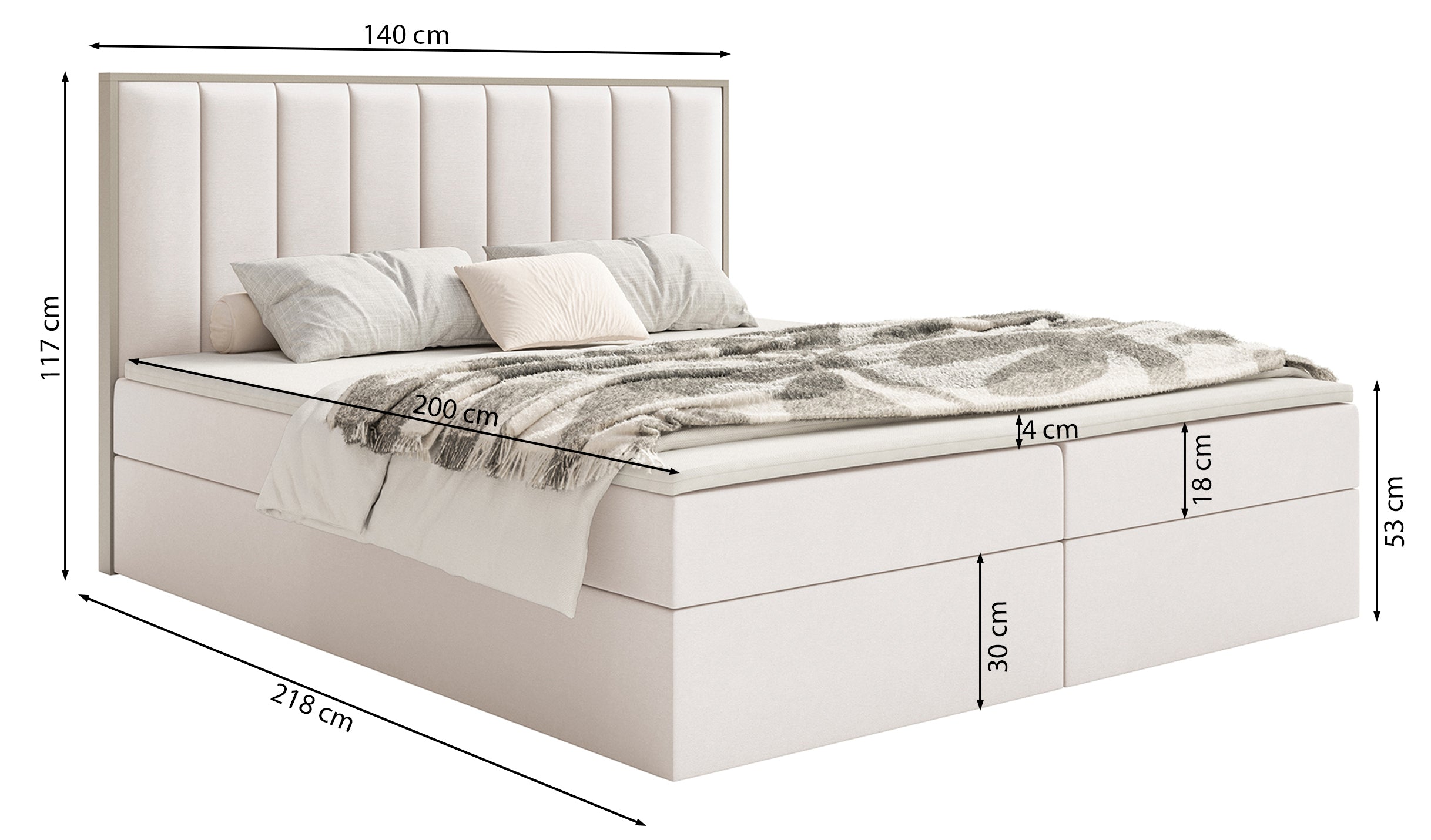 Łóżko kontynentalne 140x200 cm Togents z pojemnikami i topperem białe welur hydrofobowy