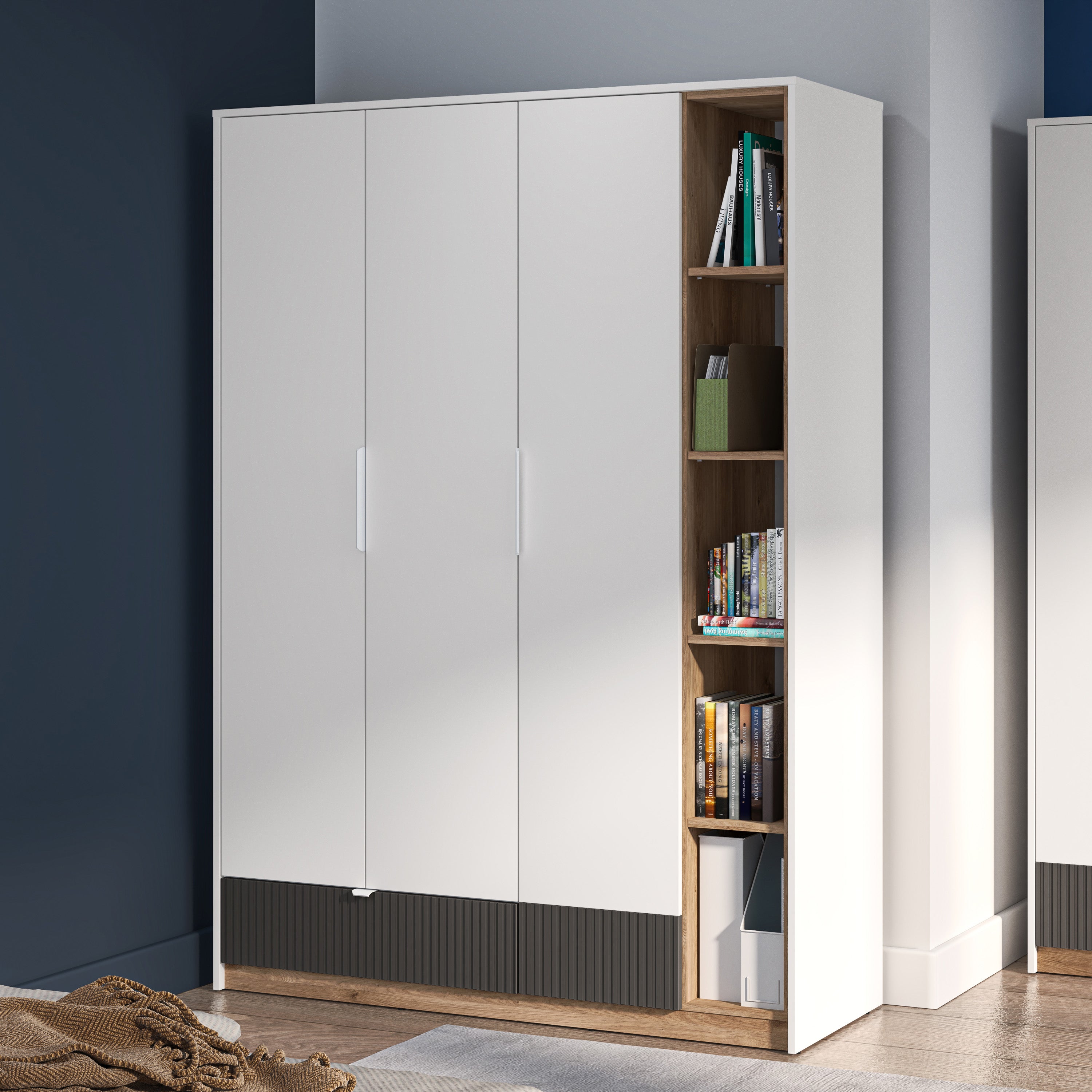 Szafa młodzieżowa trzydrzwiowa Torino z szufladą i wnękami ryflowana 138 cm dąb Honey Castello/biel alpejska/grafit