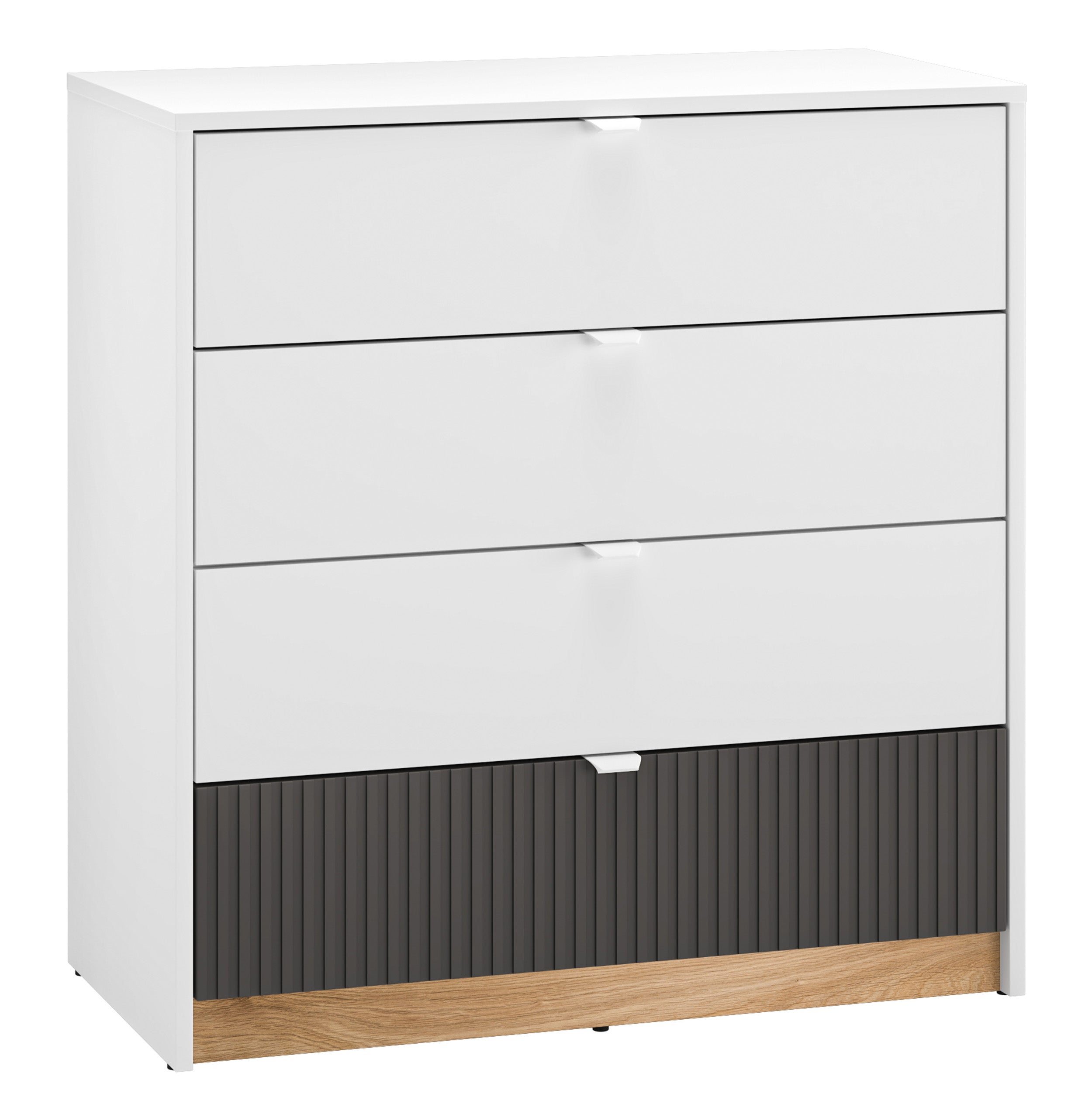 Komoda Torino z czterema szufladami ryflowana 82 cm dąb Honey Castello/biel alpejska/grafit