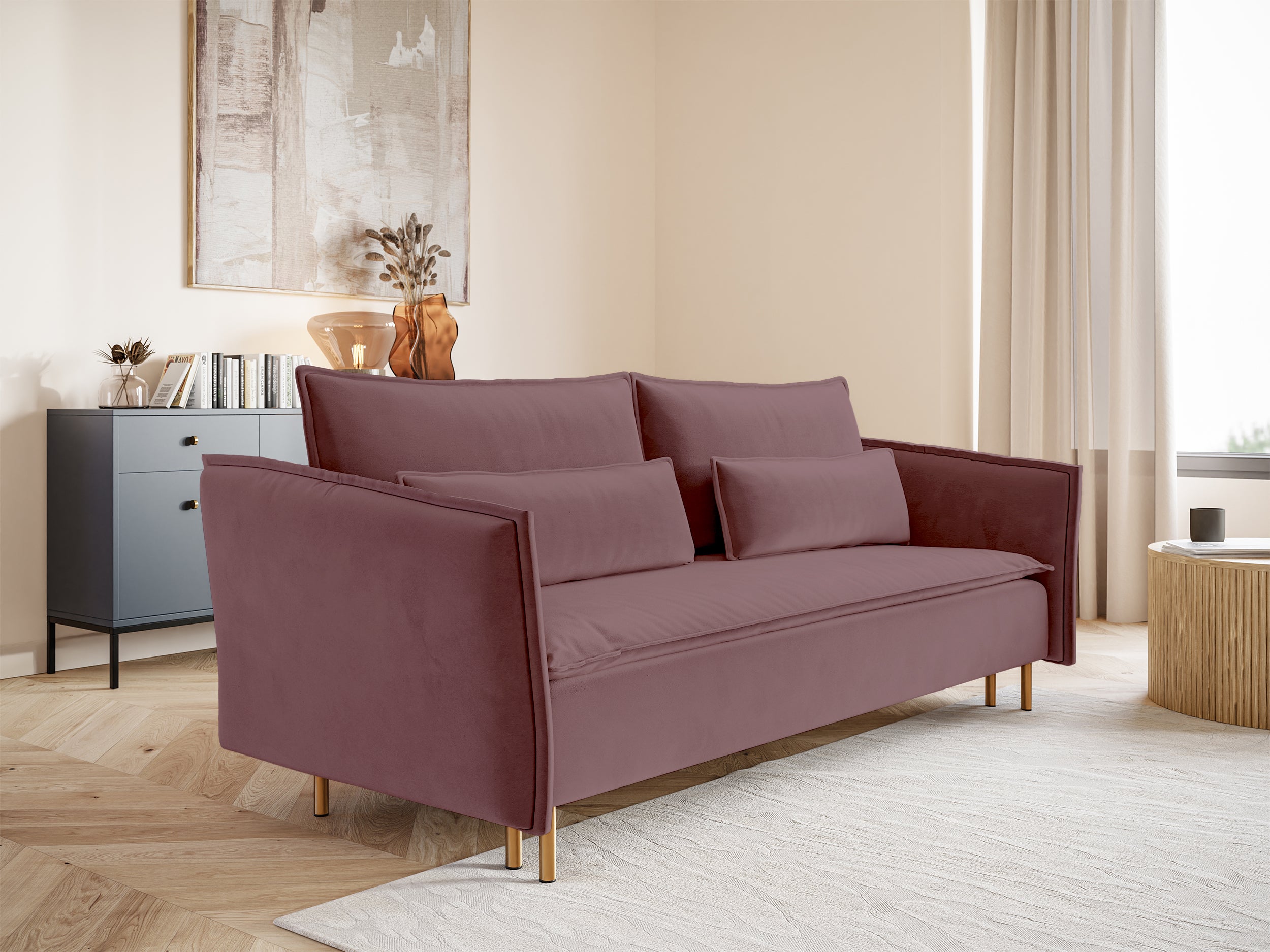 Kanapa rozkładana trzyosobowa Ummo z pojemnikiem różowa welur hydrofobowy nogi złote