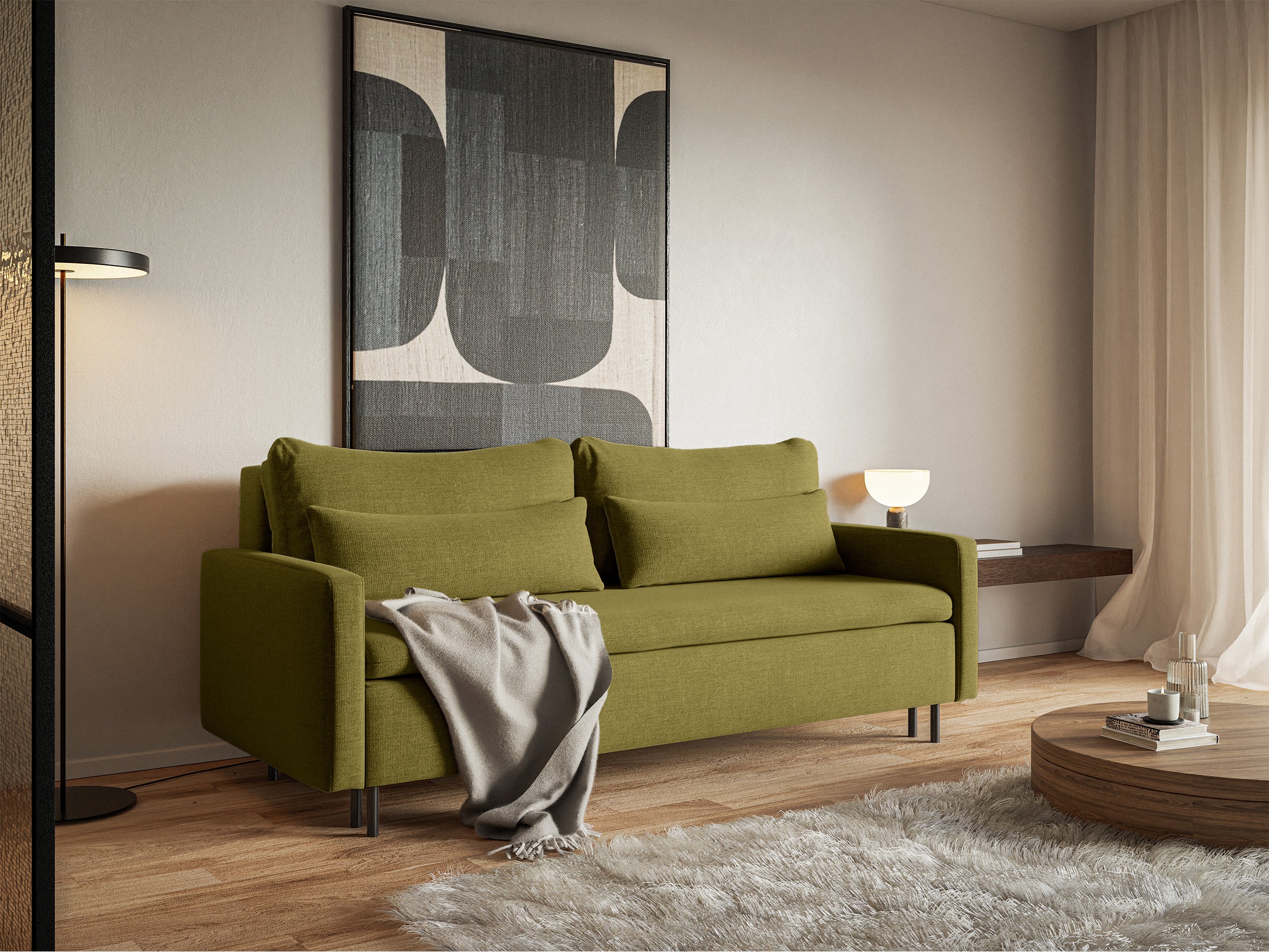 Kanapa rozkładana trzyosobowa Umpro z pojemnikiem oliwkowa szenil