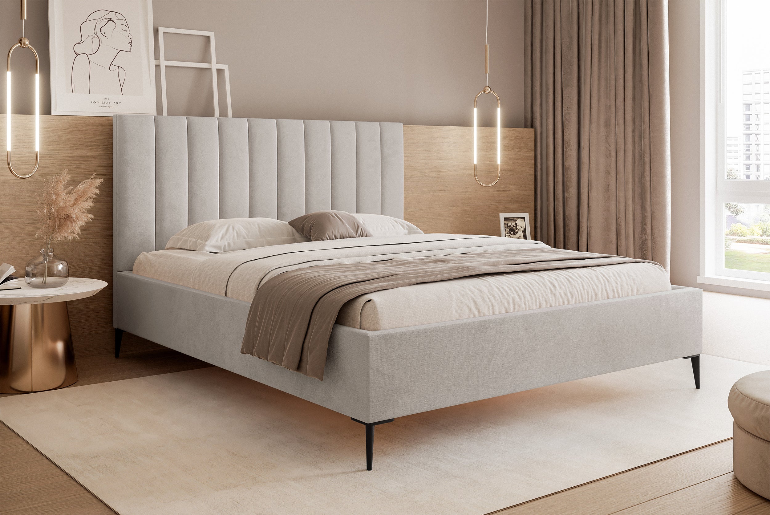 Łóżko tapicerowane 180x200 cm Veloro z pojemnikiem szarobeżowe welur stelaż metalowy na wysokich nóżkach