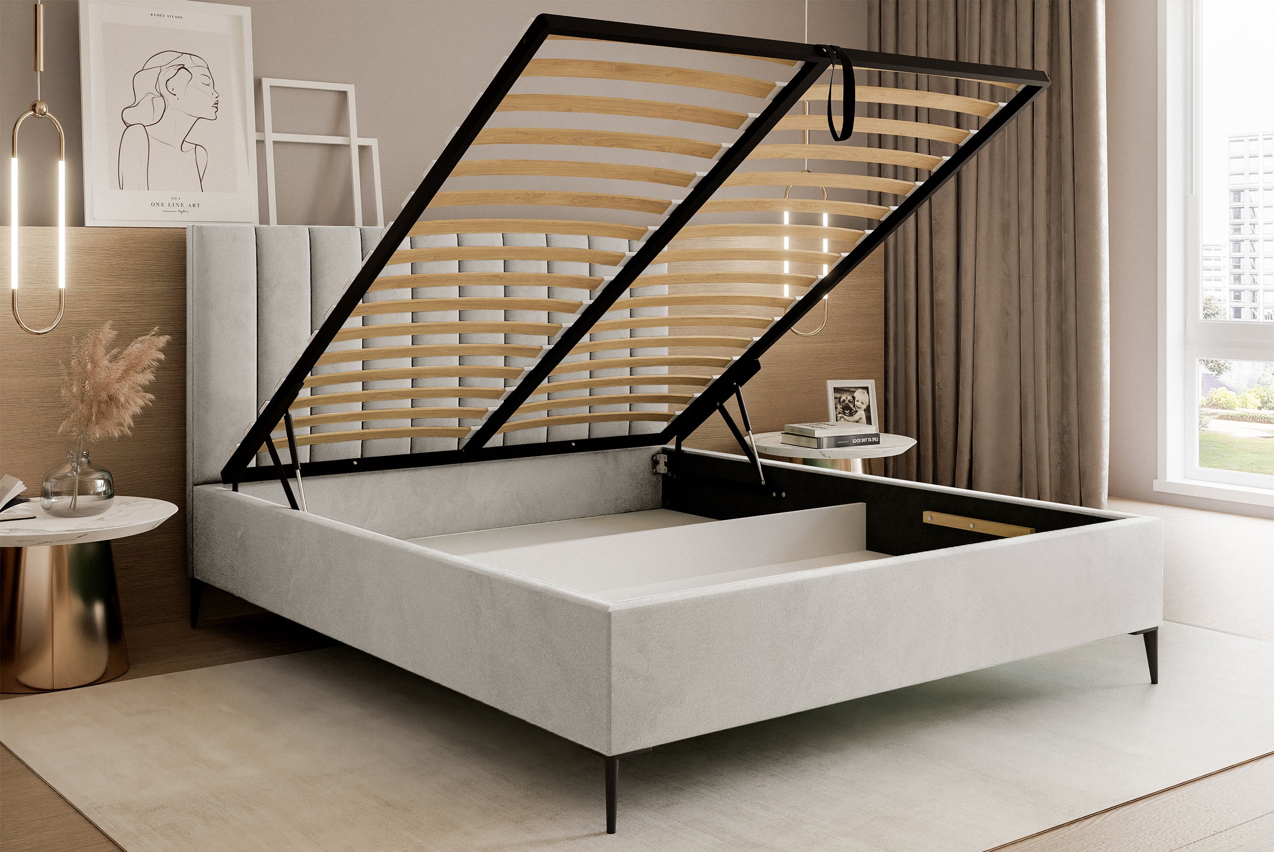 Łóżko tapicerowane 180x200 cm Veloro z pojemnikiem szarobeżowe welur stelaż metalowy na wysokich nóżkach