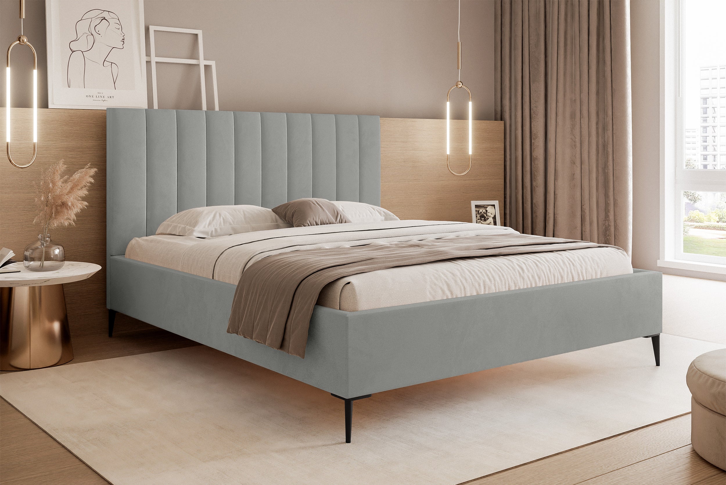 Łóżko tapicerowane 160x200 cm Veloro z pojemnikiem jasnoszare welur stelaż metalowy na wysokich nóżkach