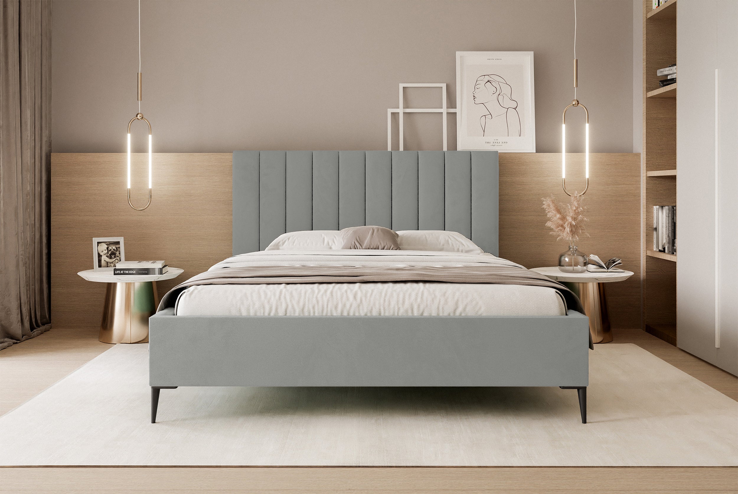 Łóżko tapicerowane 160x200 cm Veloro z pojemnikiem jasnoszare welur stelaż metalowy na wysokich nóżkach