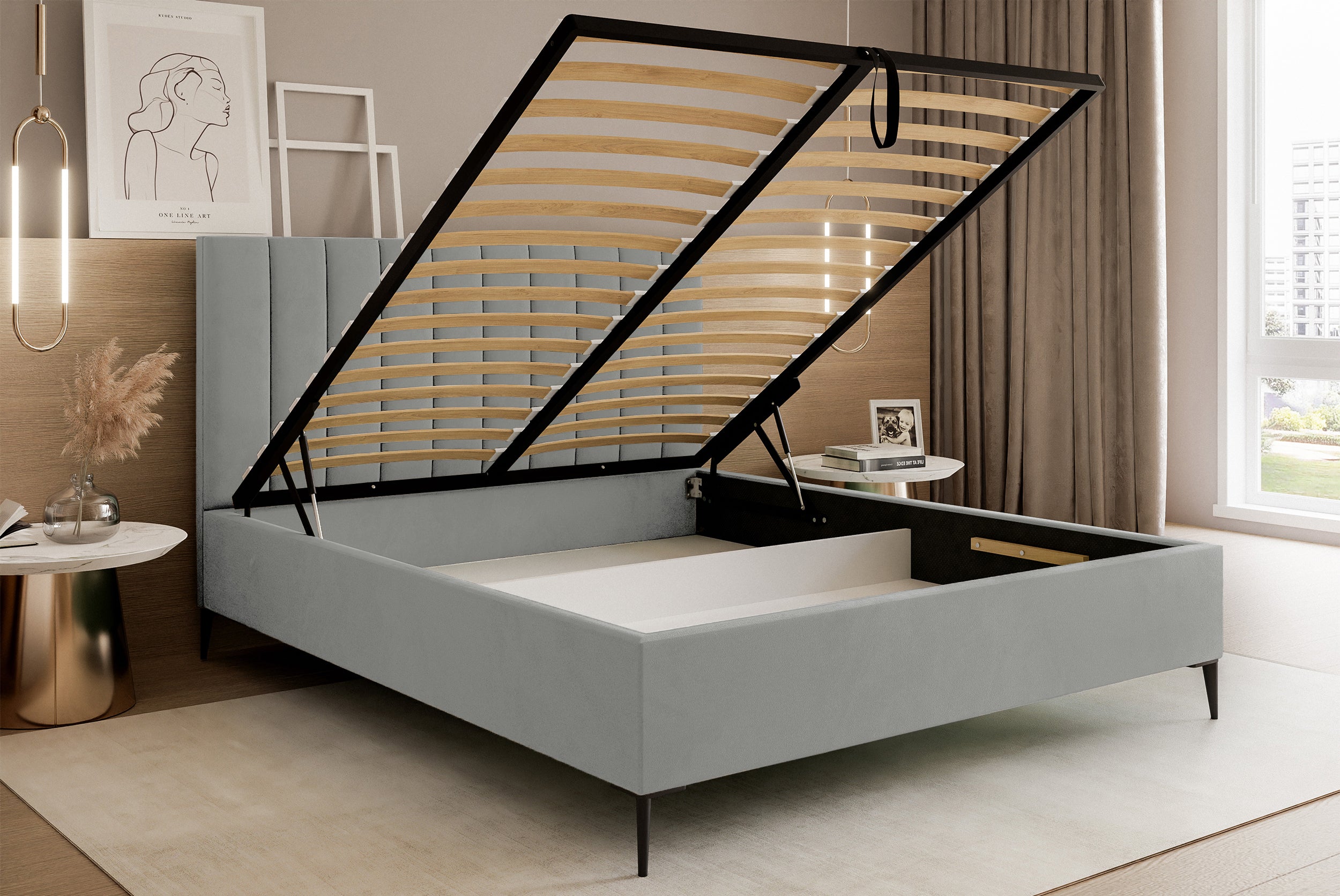 Łóżko tapicerowane 140x200 cm Veloro z pojemnikiem jasnoszare welur stelaż metalowy na wysokich nóżkach