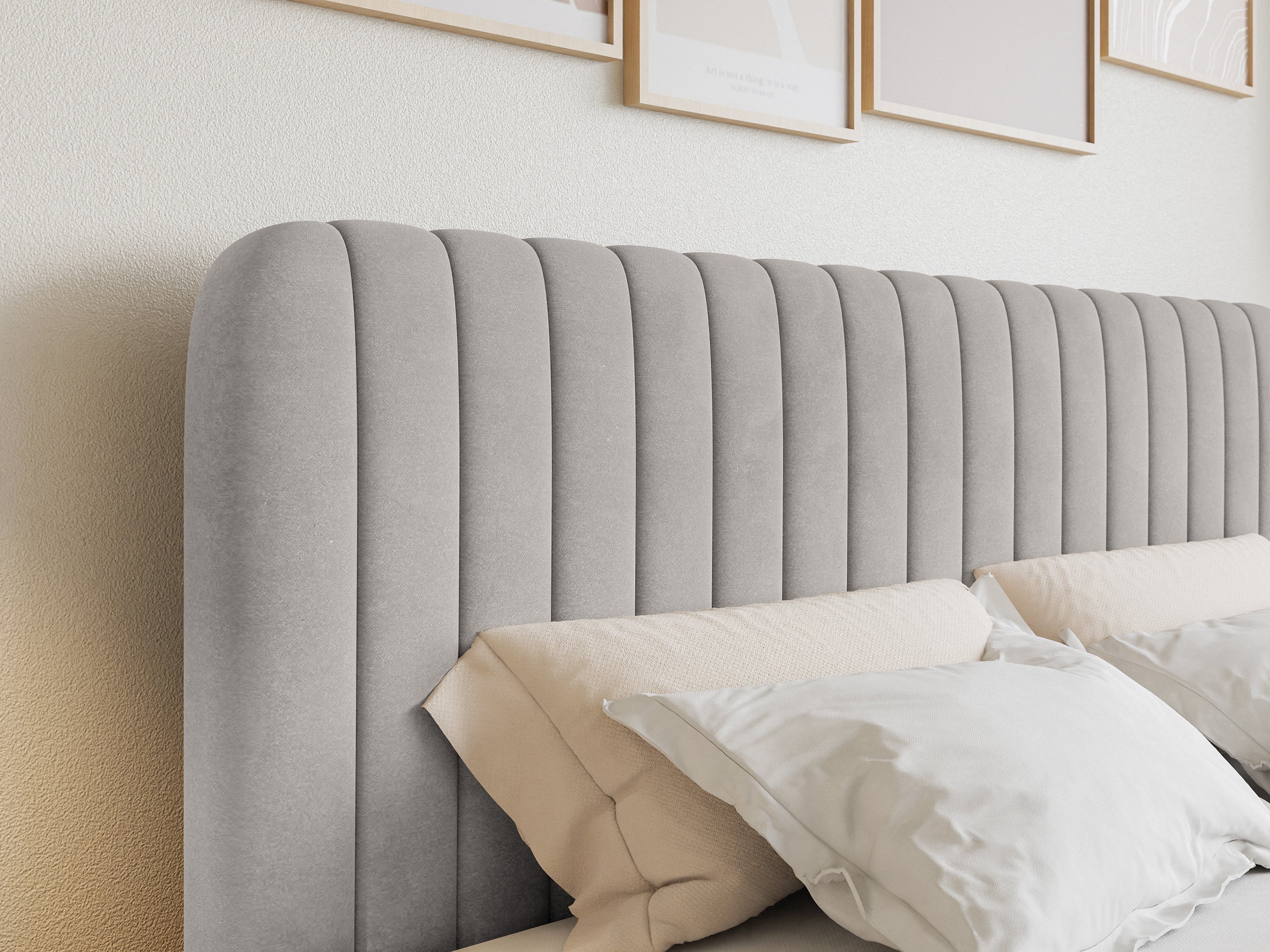 Łóżko kontynentalne 200x200 cm Saliano z pojemnikami i topperem szarobeżowe welur