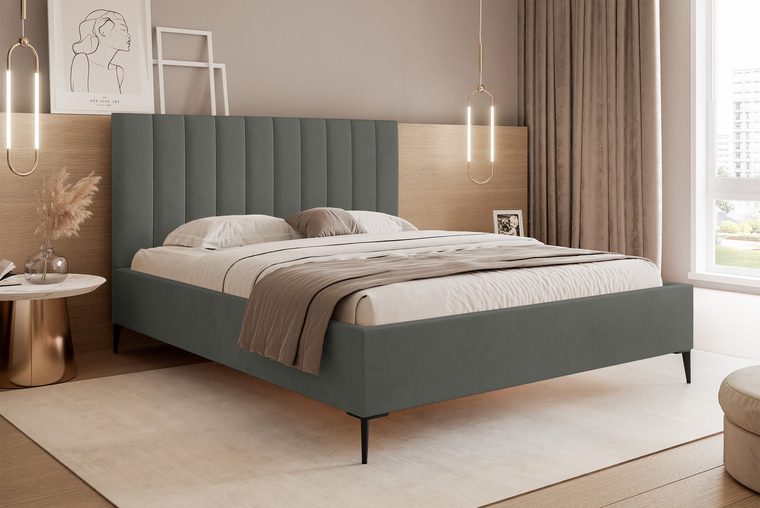 Łóżko tapicerowane 160x200 cm Veloro z pojemnikiem ciemnoszare welur stelaż metalowy na wysokich nóżkach