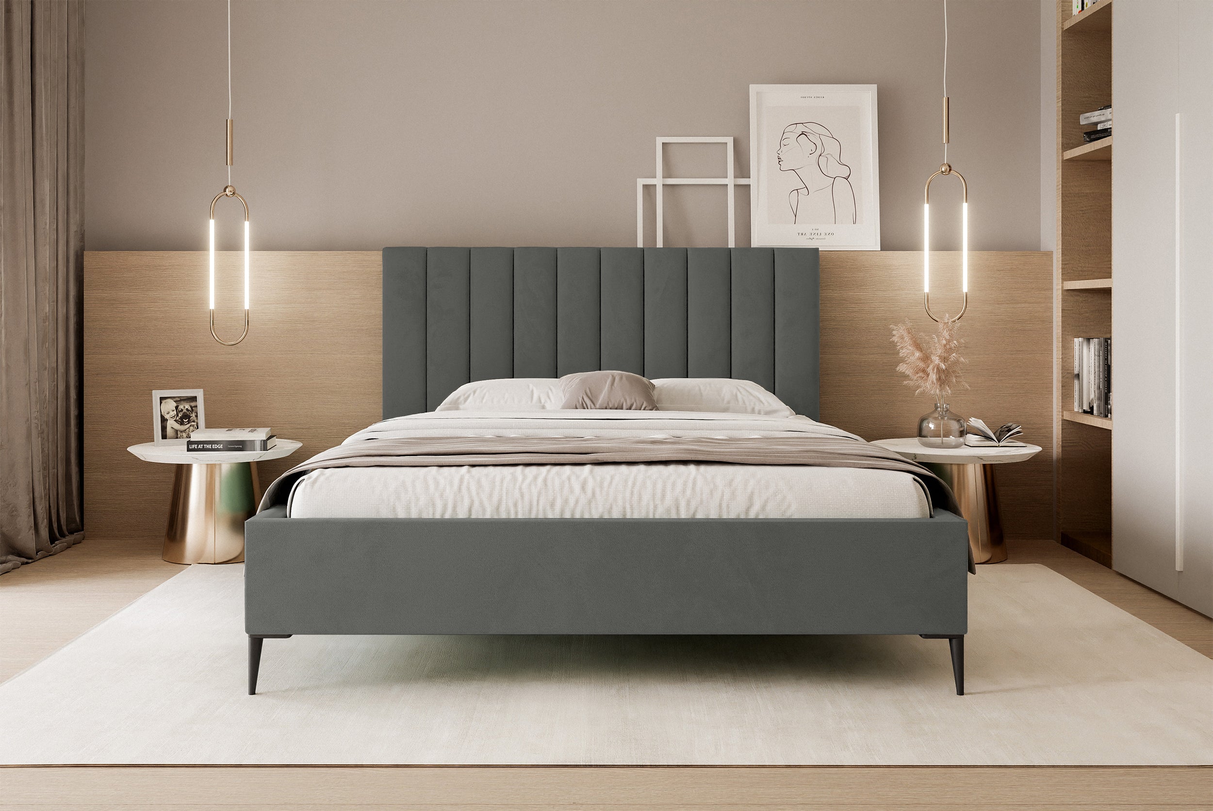Łóżko tapicerowane 160x200 cm Veloro z pojemnikiem ciemnoszare welur stelaż metalowy na wysokich nóżkach