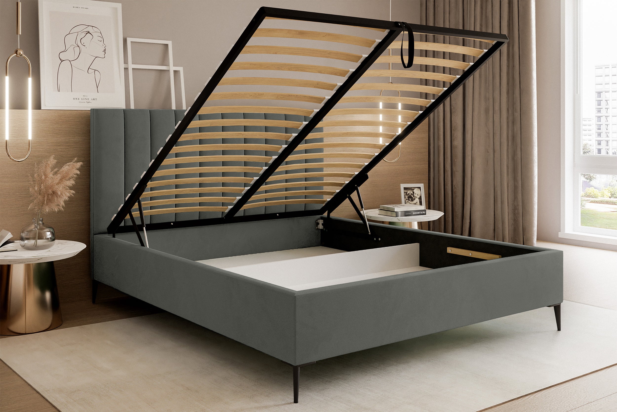 Łóżko tapicerowane 180x200 cm Veloro z pojemnikiem ciemnoszare welur stelaż metalowy na wysokich nóżkach