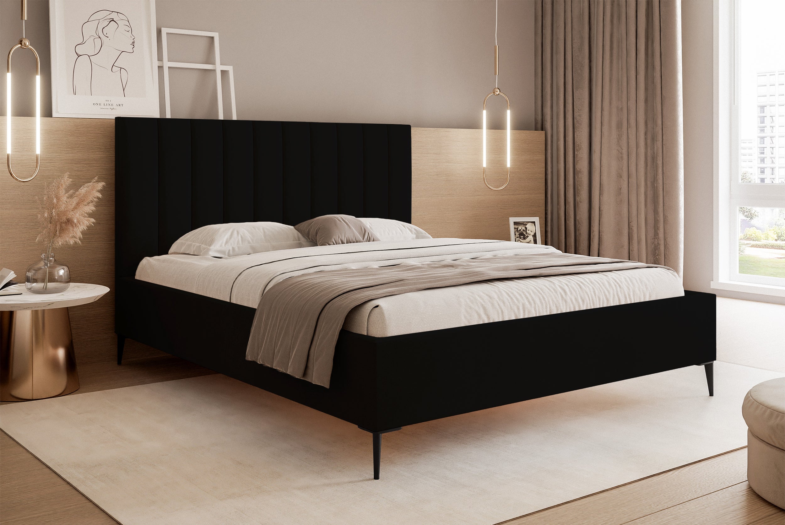 Łóżko tapicerowane 160x200 cm Veloro z pojemnikiem czarne welur stelaż metalowy na wysokich nóżkach