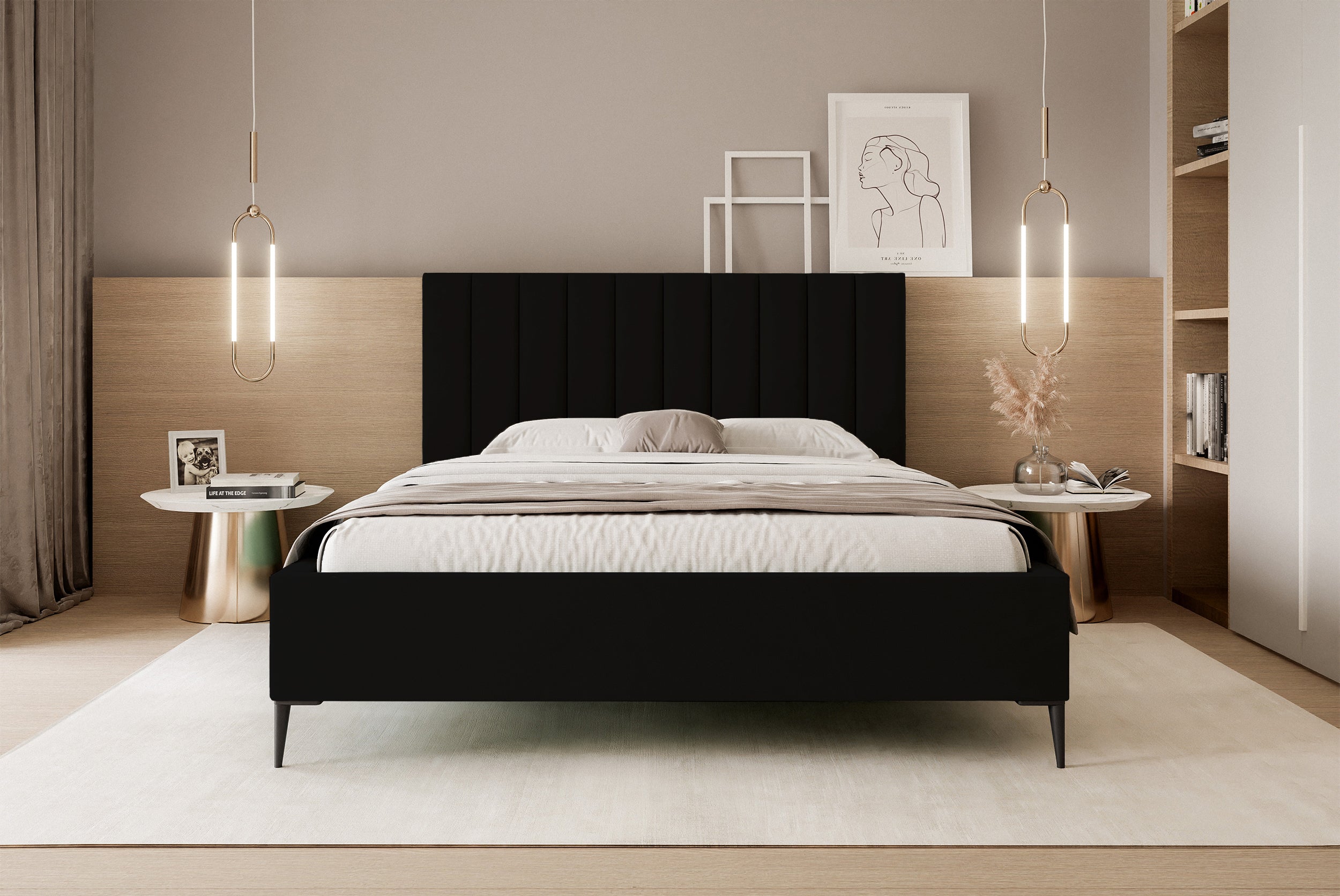 Łóżko tapicerowane 160x200 cm Veloro z pojemnikiem czarne welur stelaż metalowy na wysokich nóżkach