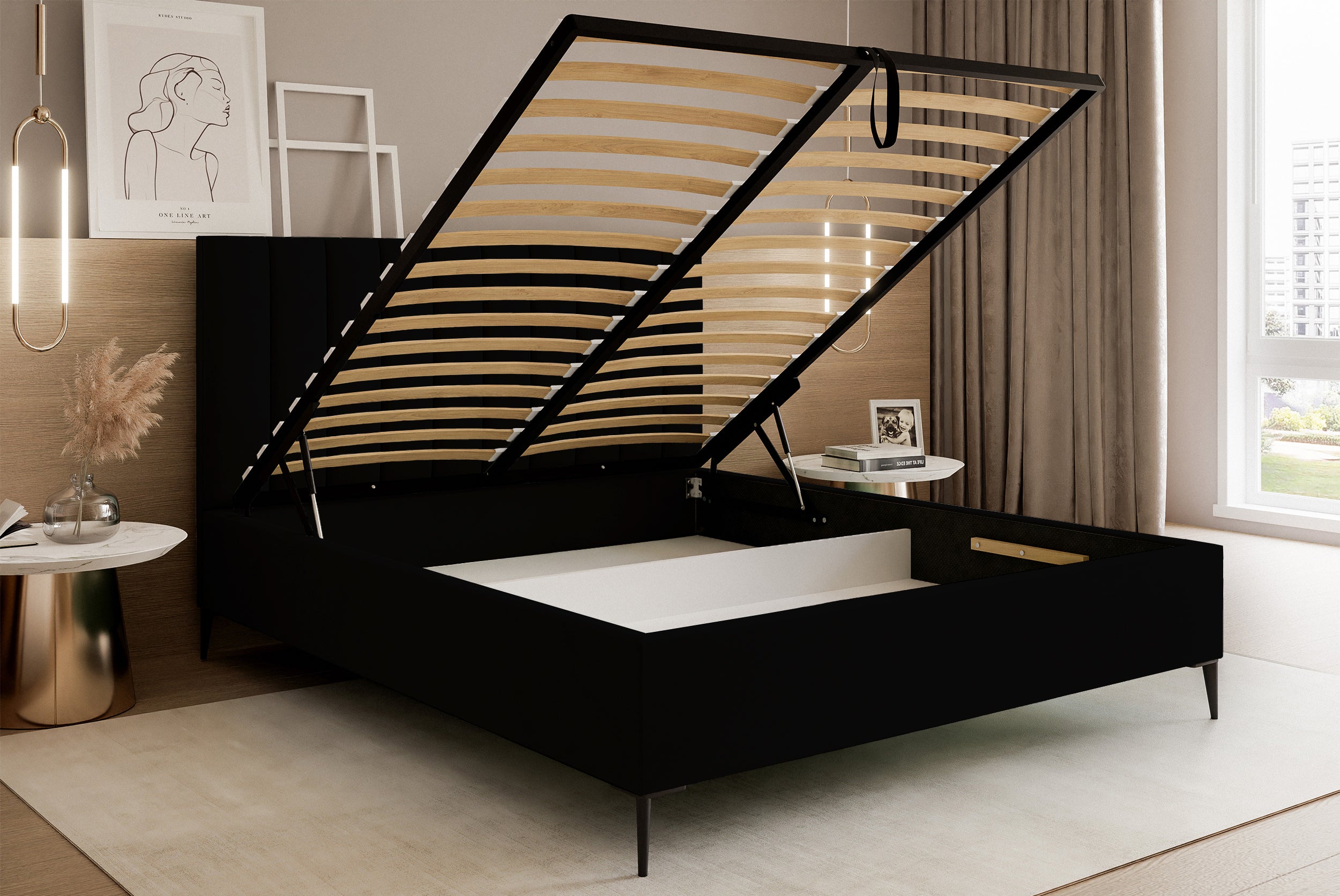 Łóżko tapicerowane 140x200 cm Veloro z pojemnikiem czarne welur stelaż metalowy na wysokich nóżkach