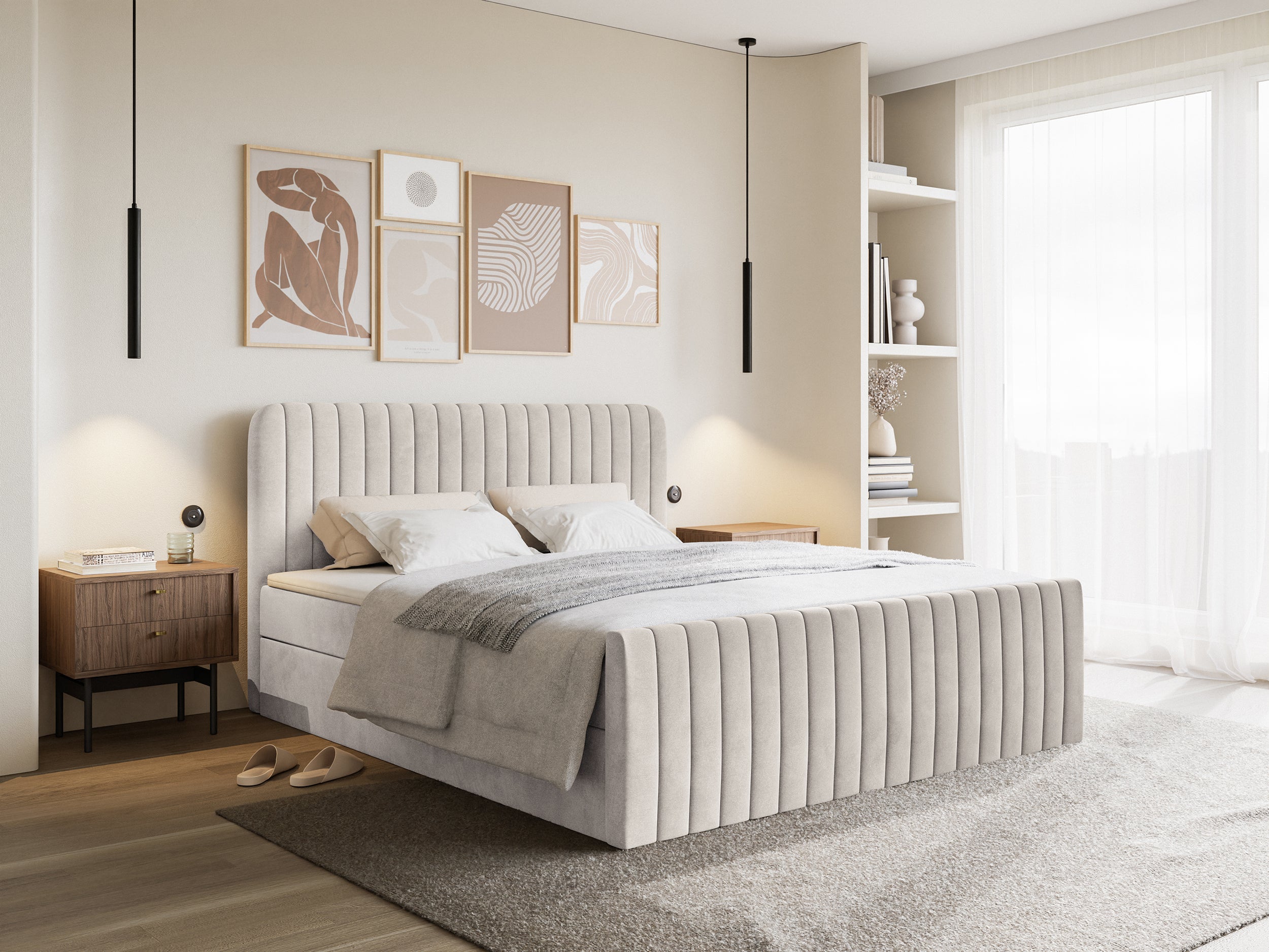 Łóżko kontynentalne 140x200 cm Saliano z pojemnikami i topperem beżowe welur