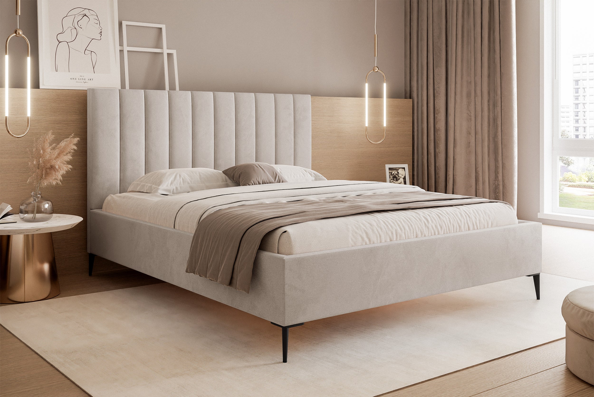 Łóżko tapicerowane 140x200 cm Veloro z pojemnikiem beżowe welur stelaż metalowy na wysokich nóżkach