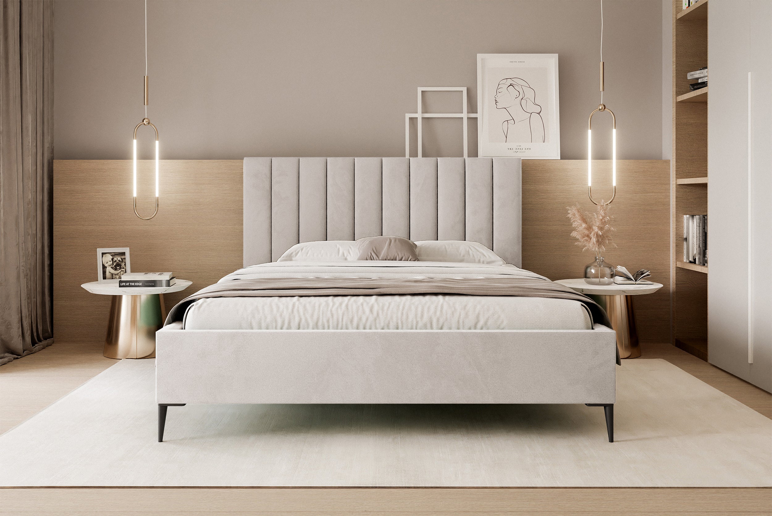 Łóżko tapicerowane 180x200 cm Veloro z pojemnikiem beżowe welur stelaż metalowy na wysokich nóżkach