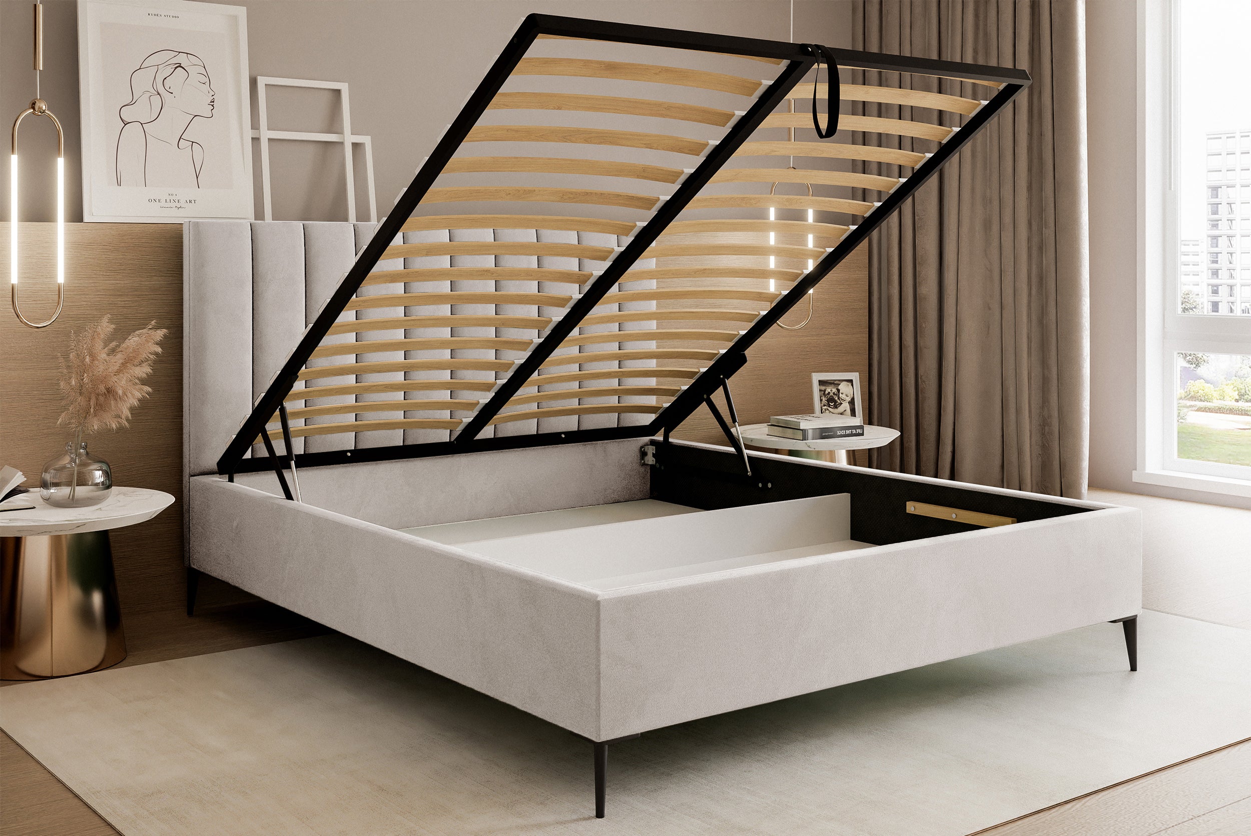 Łóżko tapicerowane 180x200 cm Veloro z pojemnikiem beżowe welur stelaż metalowy na wysokich nóżkach