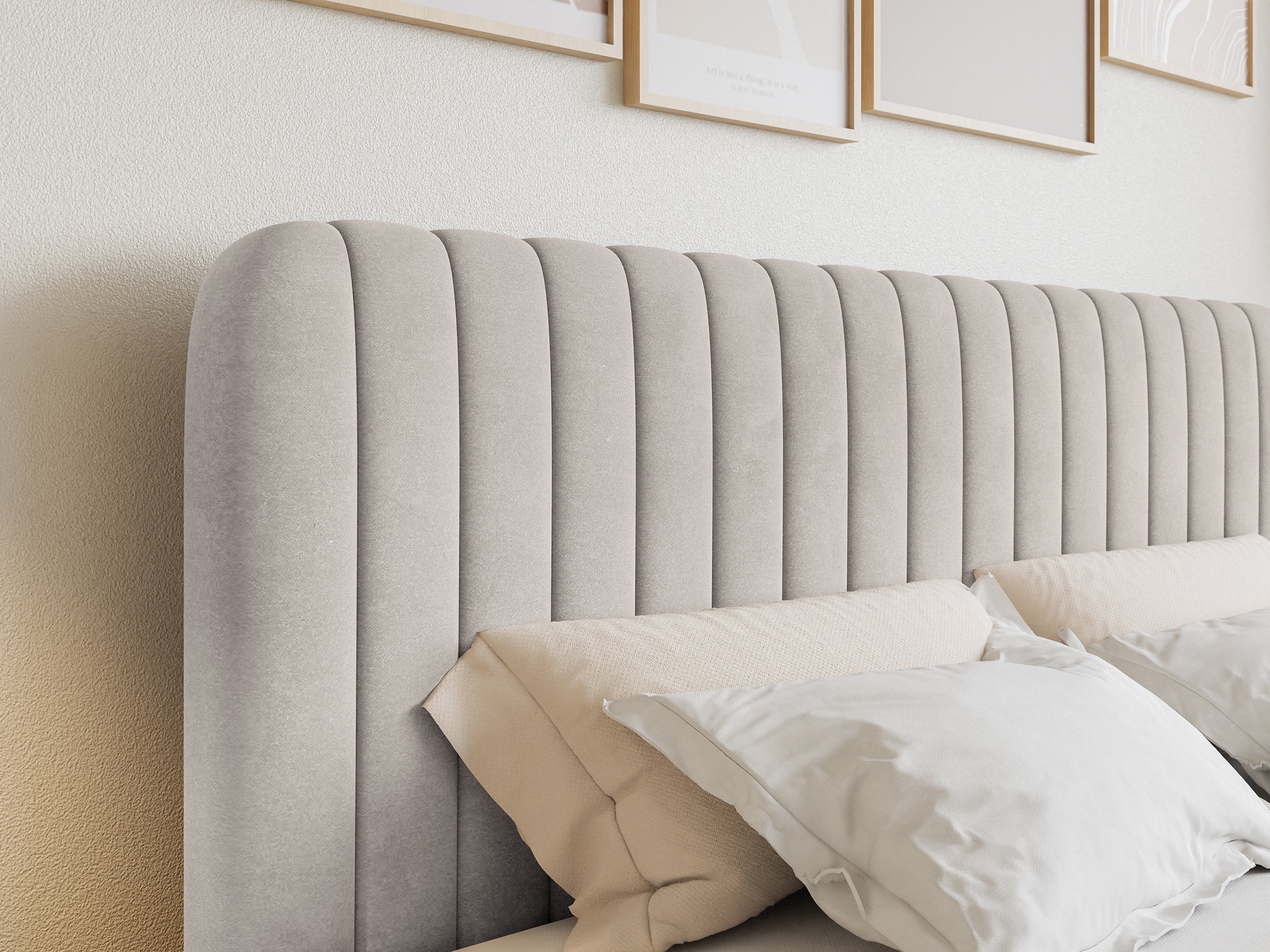 Łóżko kontynentalne 140x200 cm Saliano z pojemnikami i topperem beżowe welur