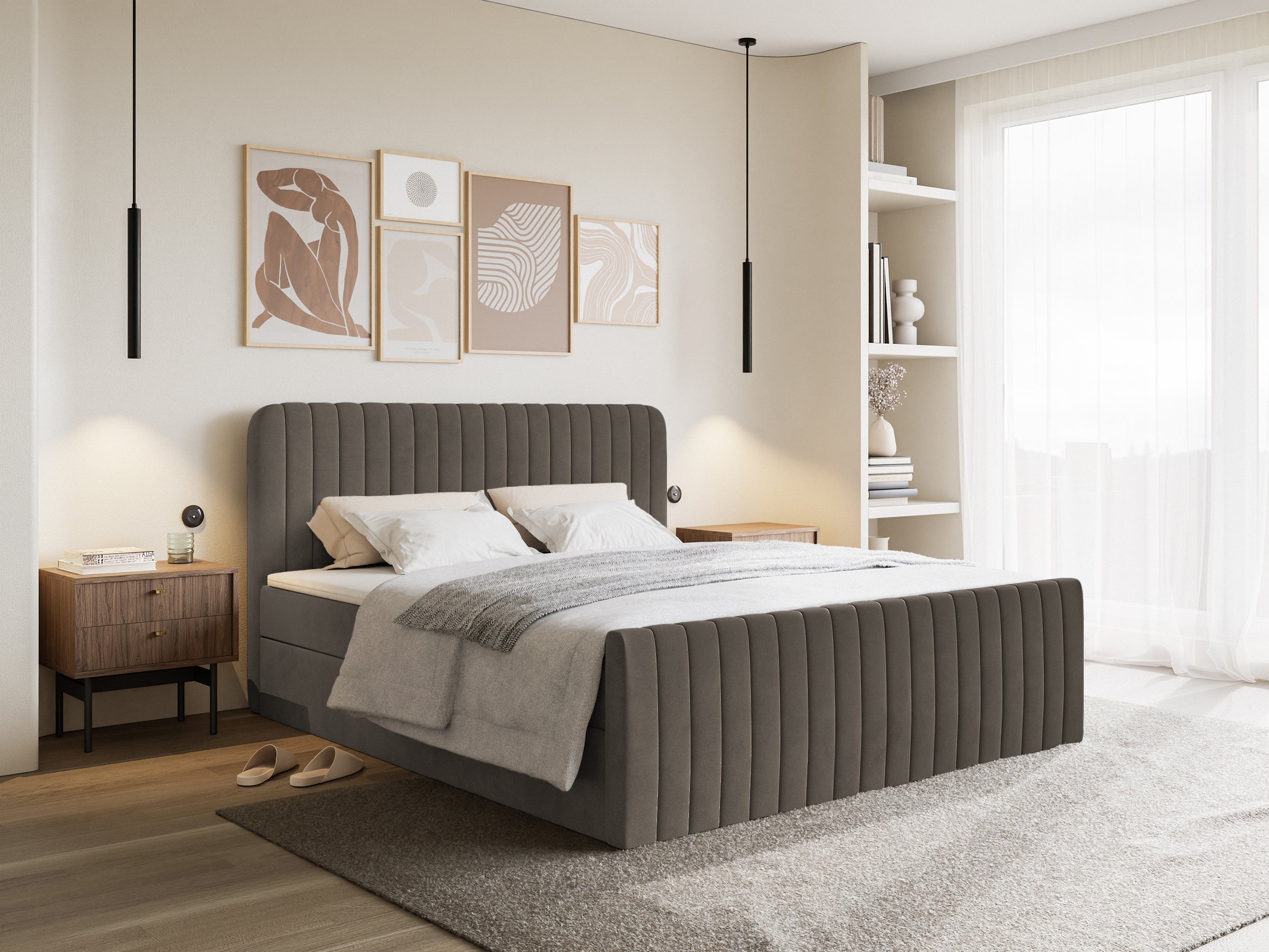 Łóżko kontynentalne 180x200 cm Saliano z pojemnikami i topperem brązowe welur