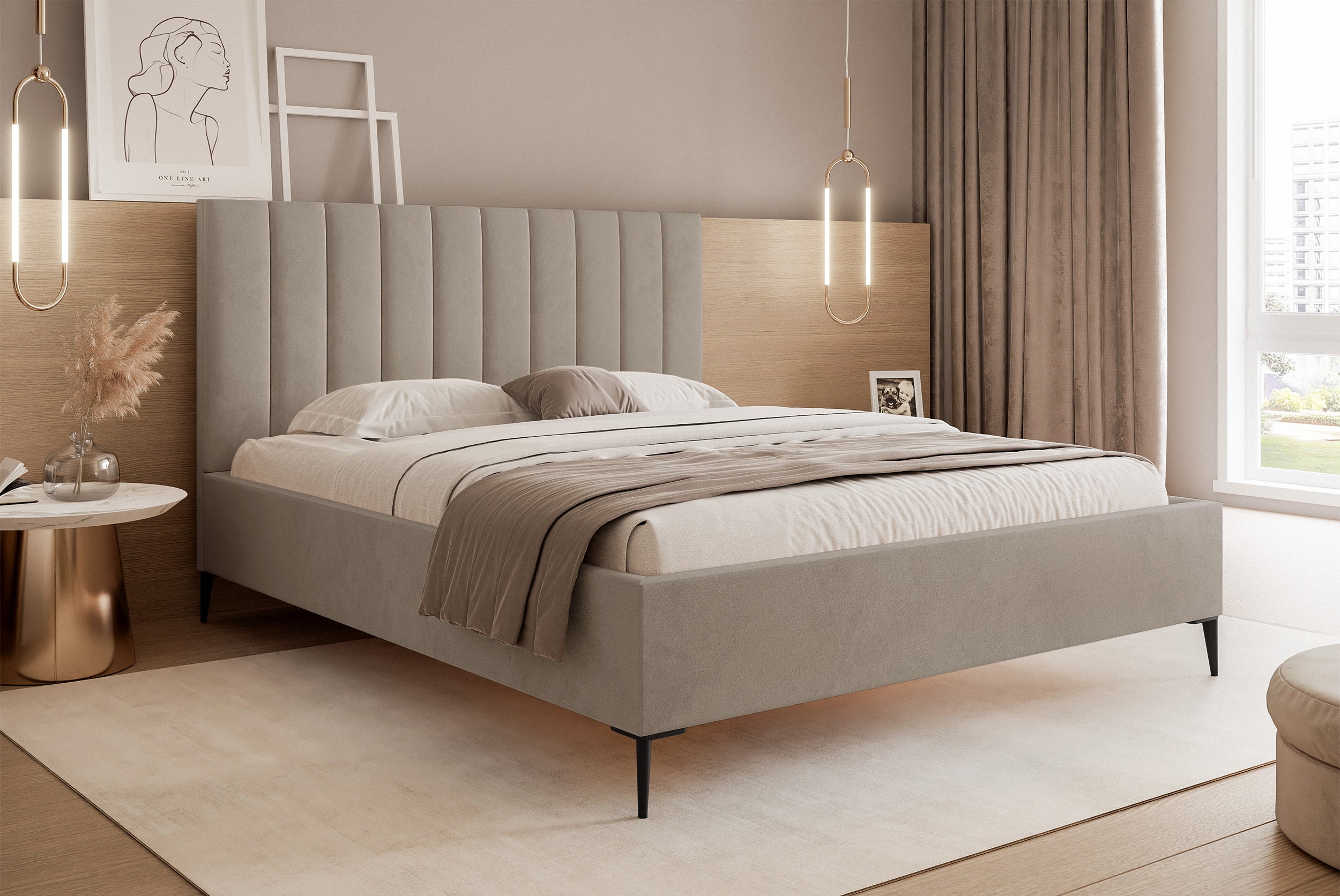 Łóżko tapicerowane 180x200 cm Veloro z pojemnikiem ciemnobeżowe welur stelaż metalowy na wysokich nóżkach