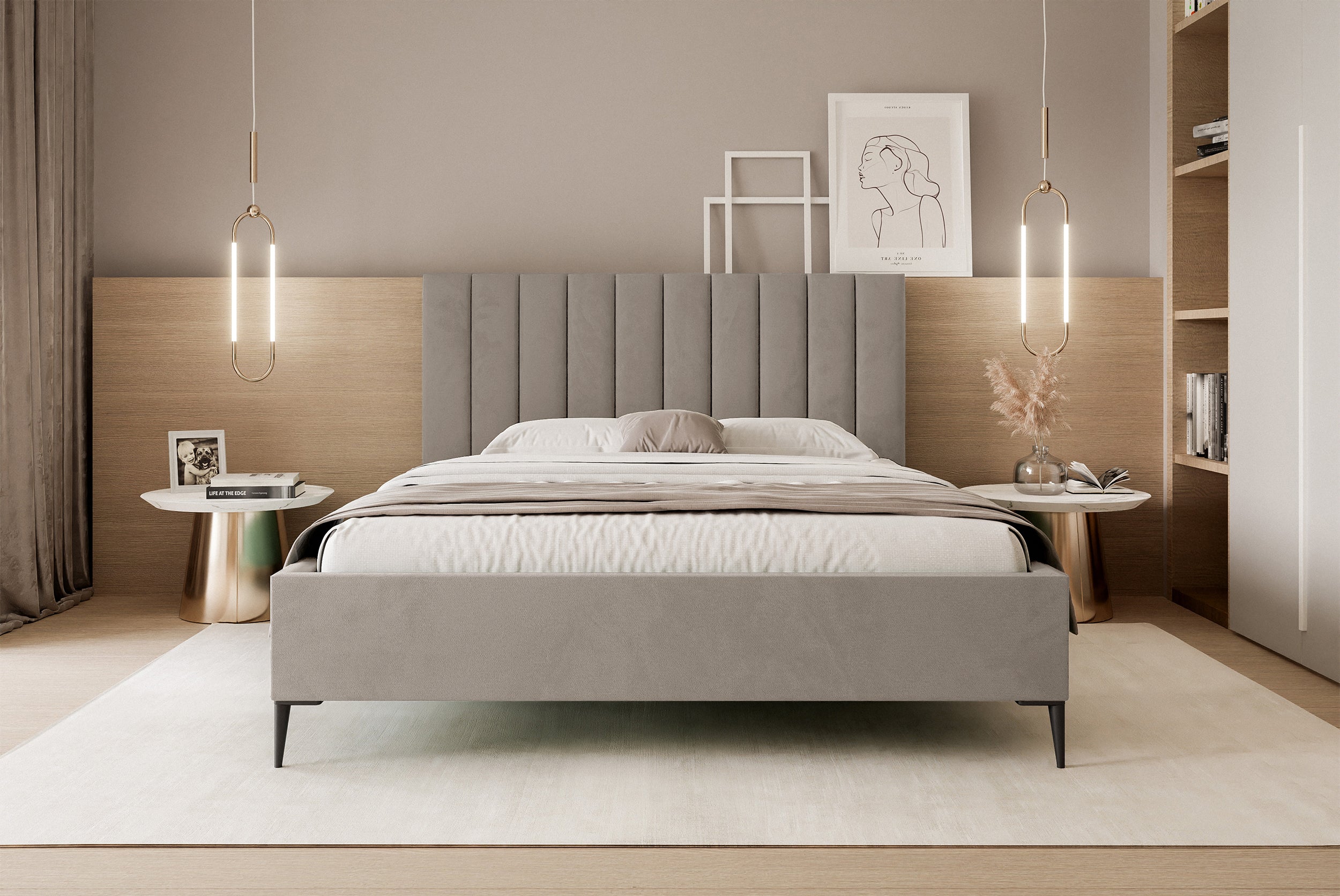 Łóżko tapicerowane 140x200 cm Veloro z pojemnikiem ciemnobeżowe welur stelaż metalowy na wysokich nóżkach