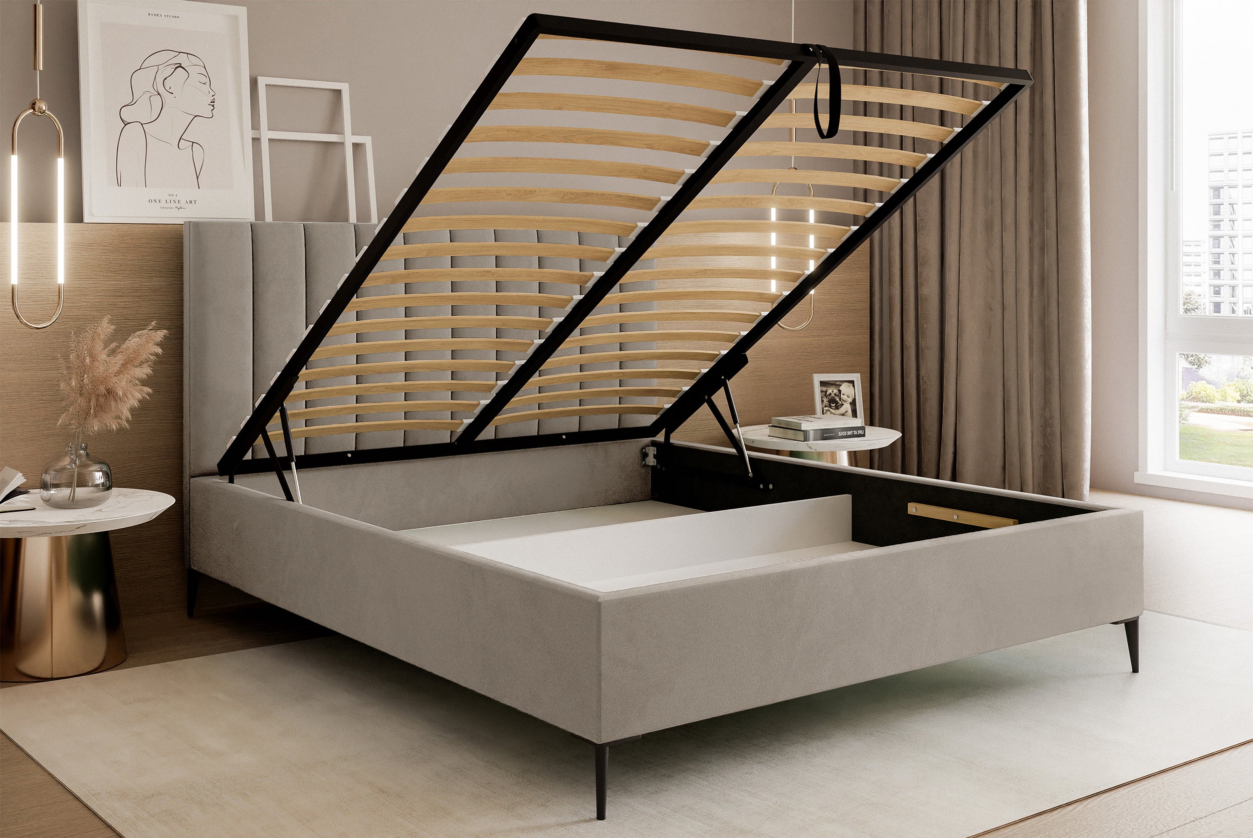 Łóżko tapicerowane 180x200 cm Veloro z pojemnikiem ciemnobeżowe welur stelaż metalowy na wysokich nóżkach