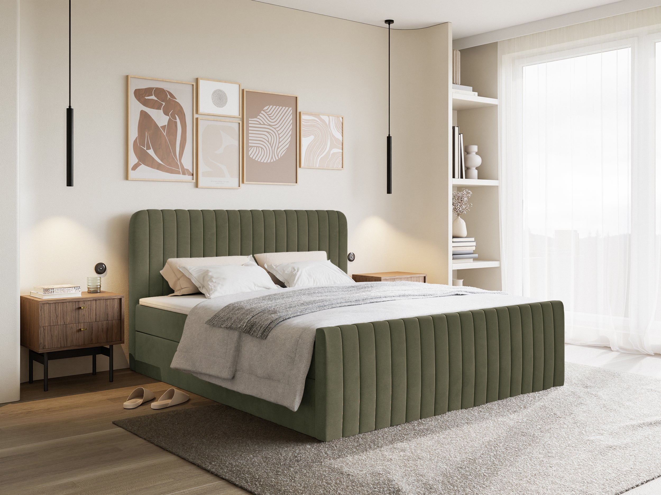 Łóżko kontynentalne 180x200 cm Saliano z pojemnikami i topperem oliwkowe welur