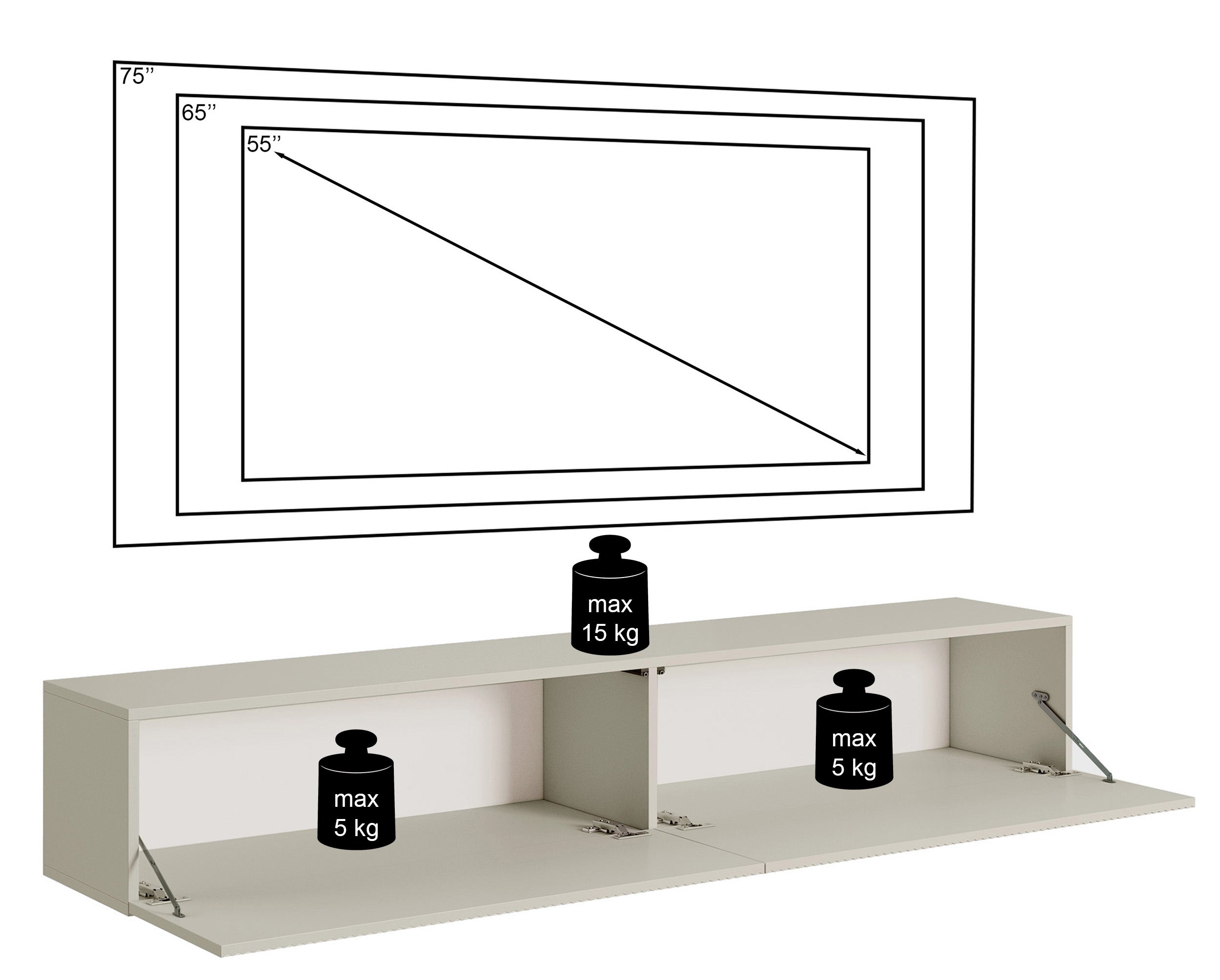 Szafka RTV Veldio z frezowanym frontem 175 cm Szary beż wisząca