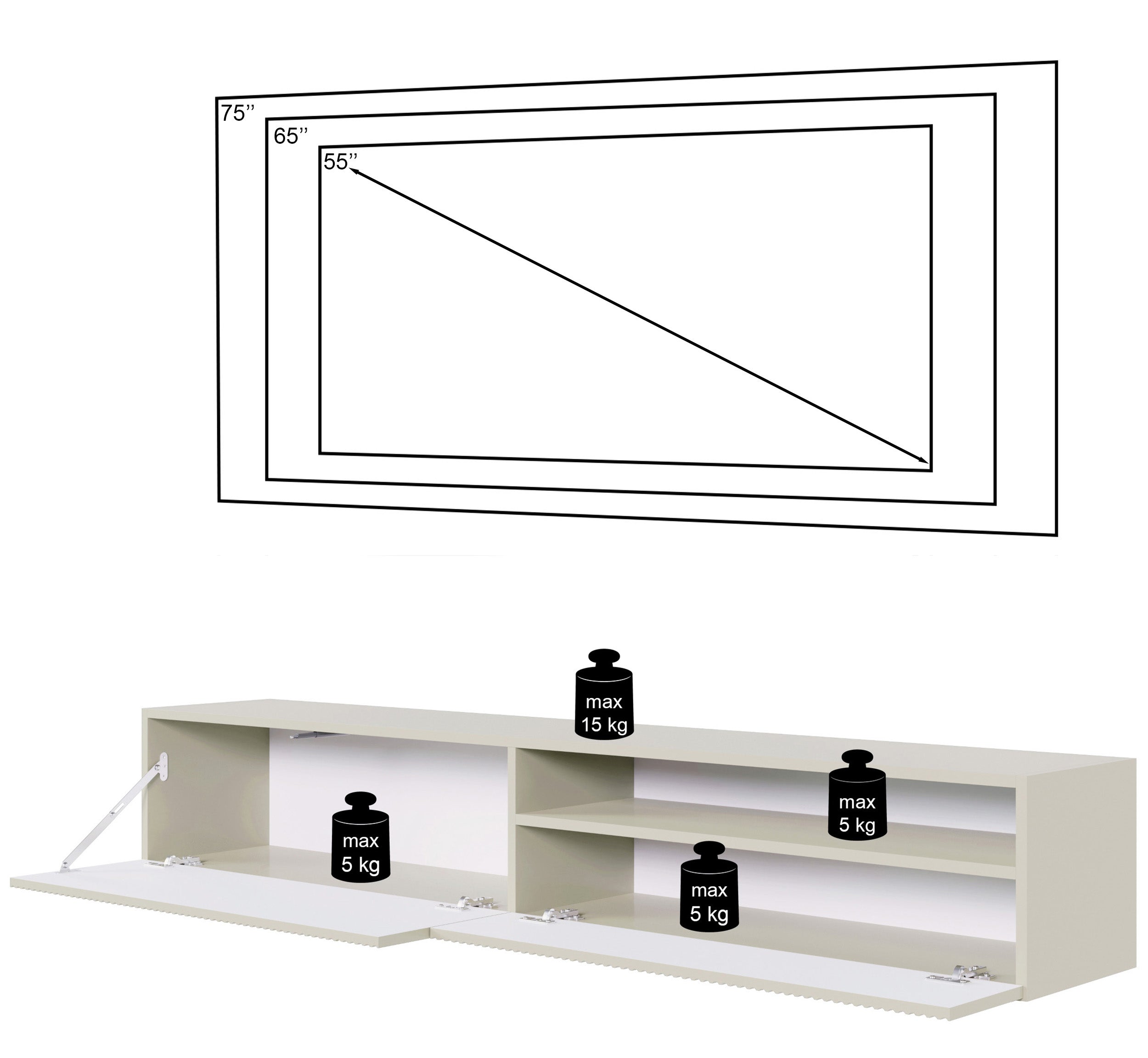 Szafka RTV Veldio z frezowanym frontem i wnęką 175 cm Biała wisząca
