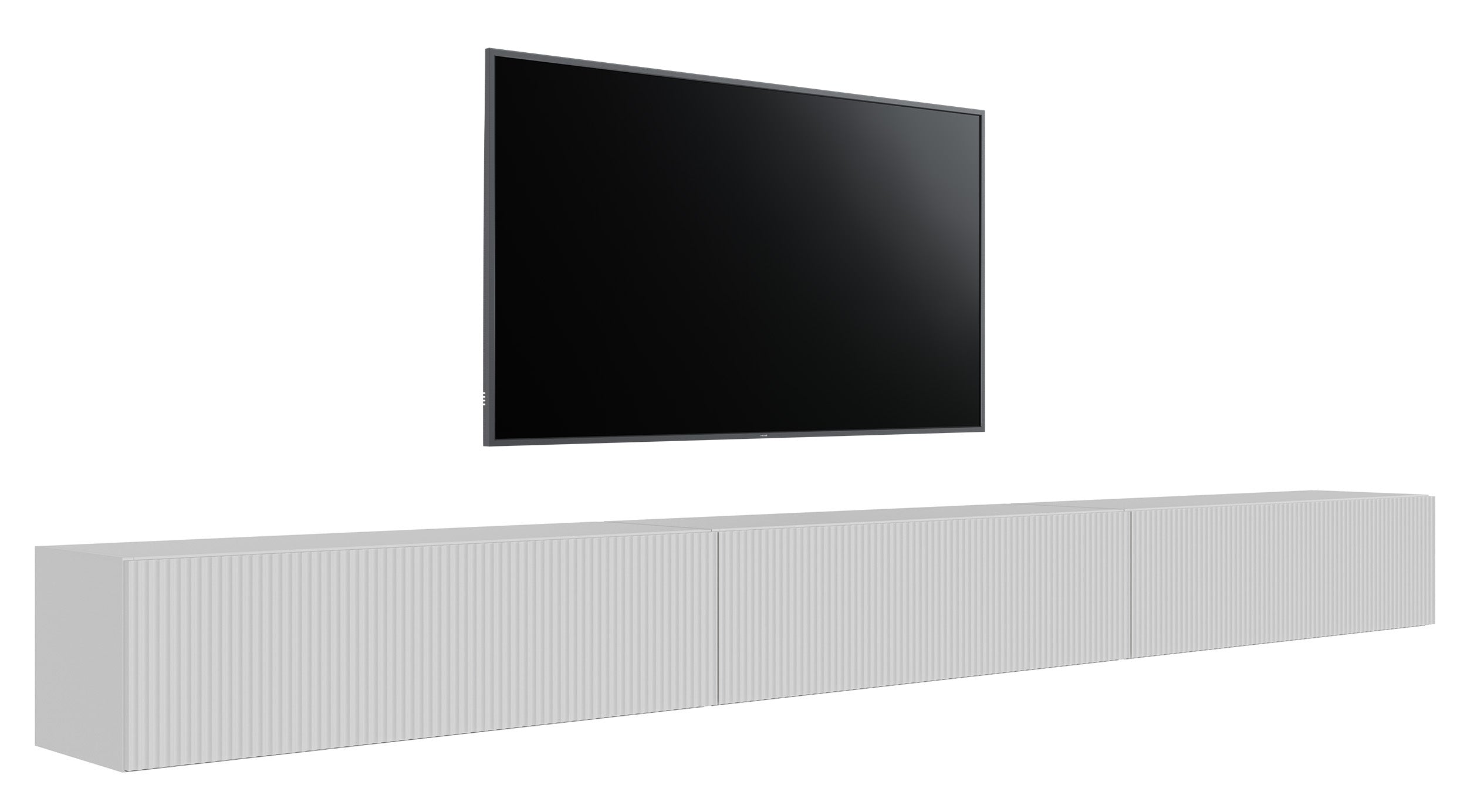 Szafka RTV trzydrzwiowa Veldio wisząca z ryflowanym frontem 300 cm biała