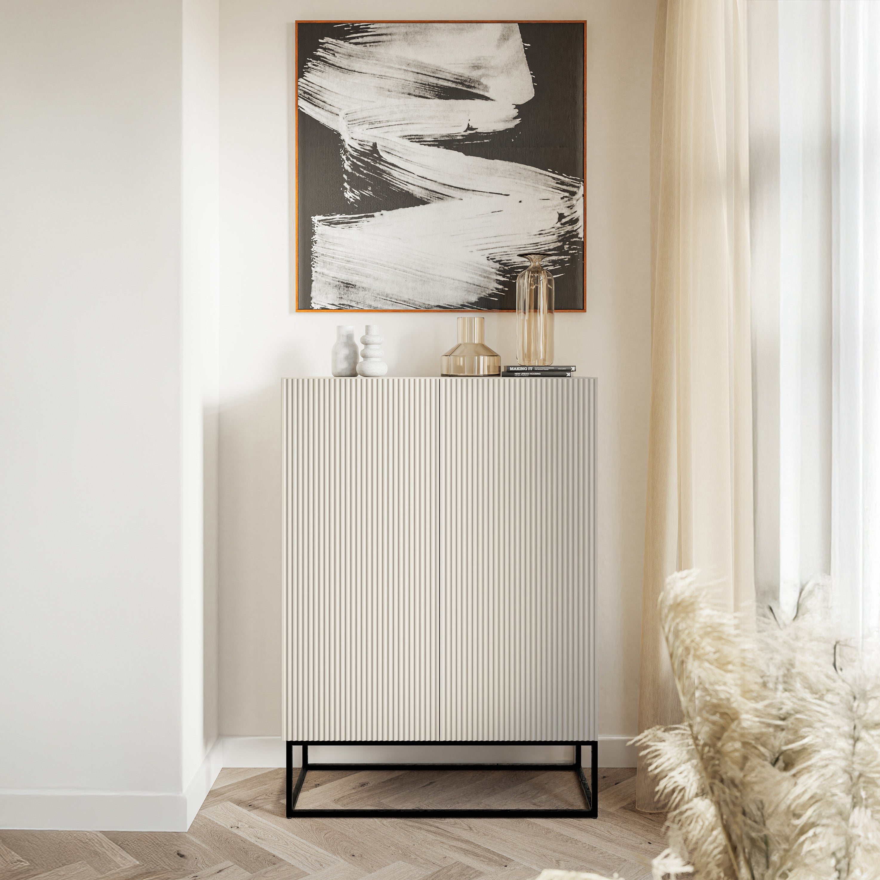 Komoda dwudrzwiowa Veldio z frezowanym frontem 90 cm Szary beż z czarnymi nogami