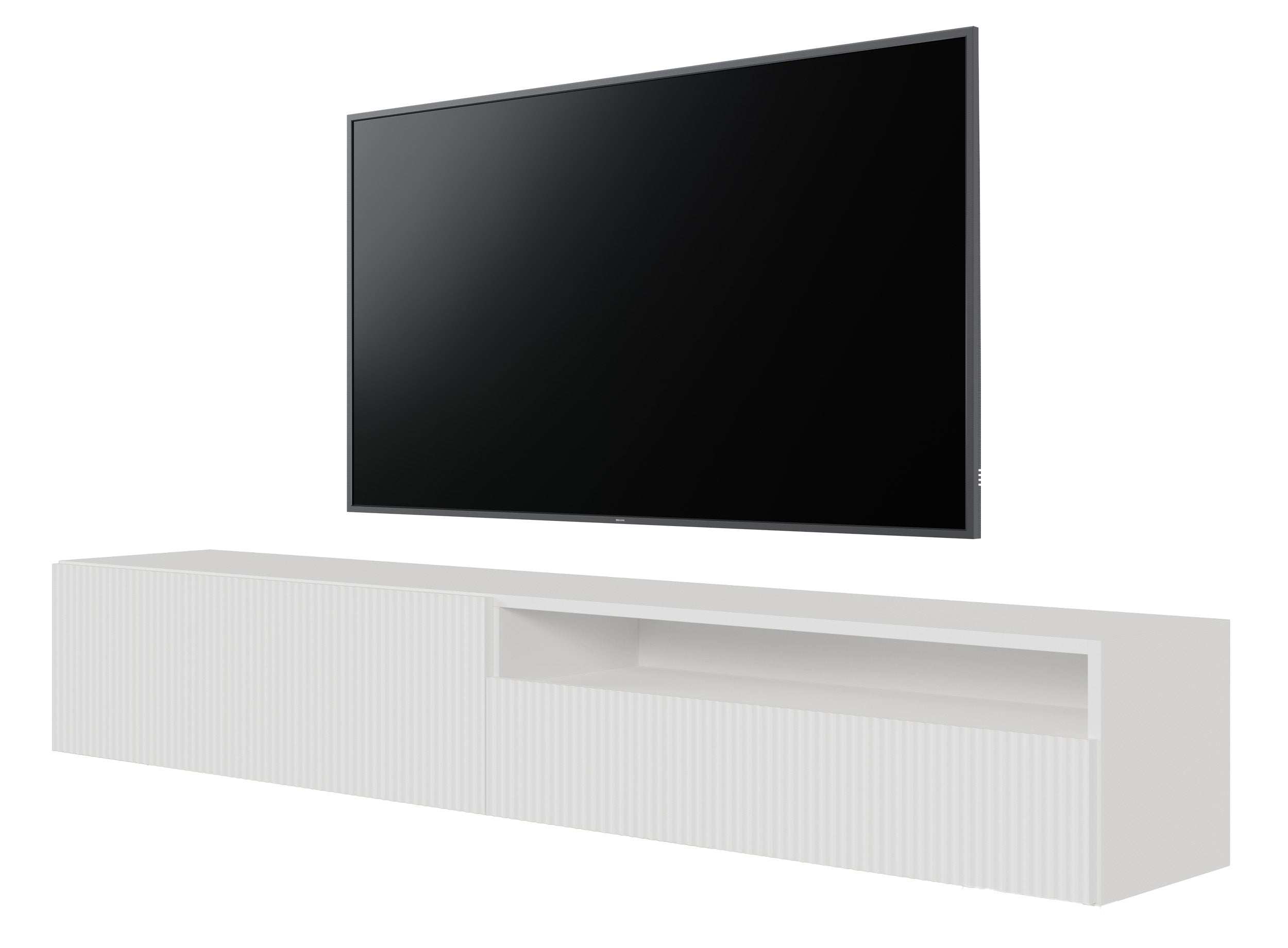 Szafka RTV Veldio z frezowanym frontem i wnęką 175 cm Biała wisząca