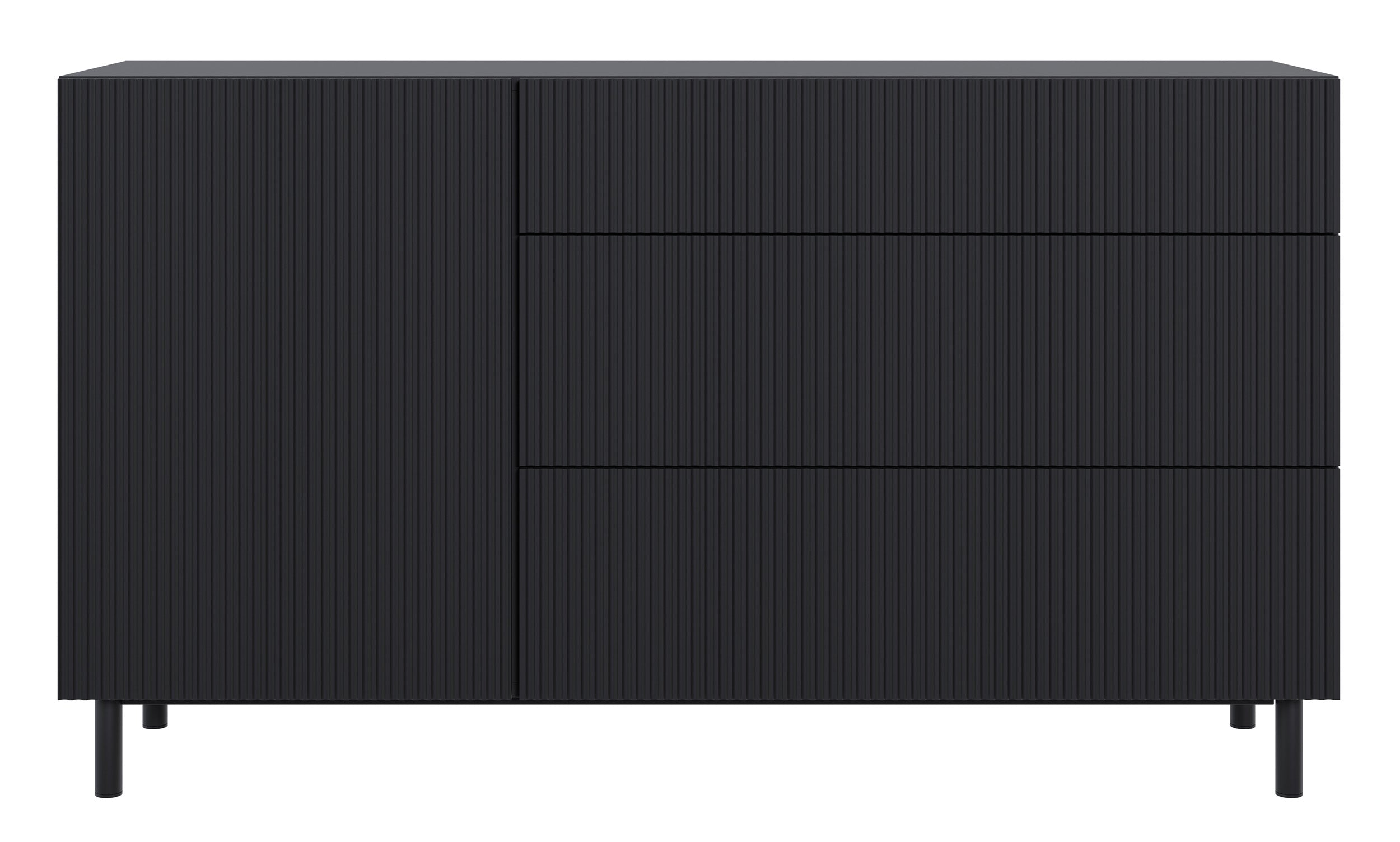 Komoda jednodrzwiowa Veldio New z frezowanym frontem i trzema szufladami 140 cm czarna