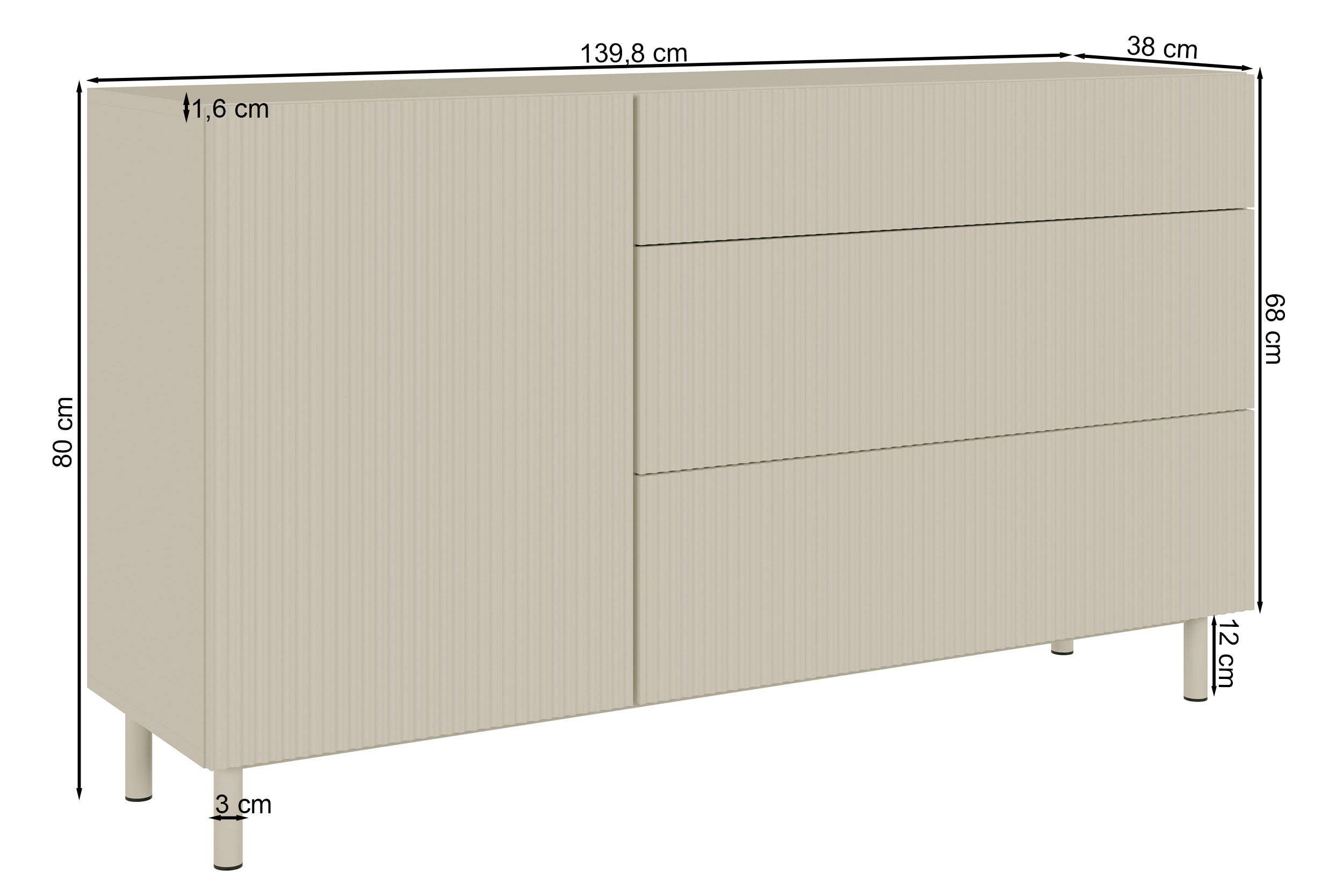 Komoda jednodrzwiowa Veldio New z frezowanym frontem i trzema szufladami 140 cm czarna