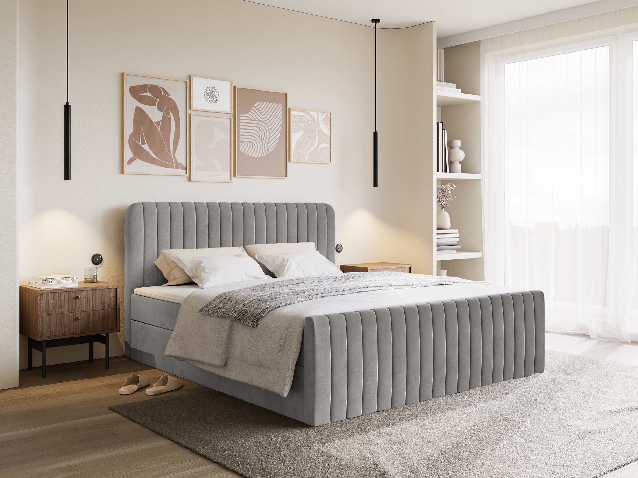 Łóżko kontynentalne 140x200 cm Saliano z pojemnikami i topperem szare welur
