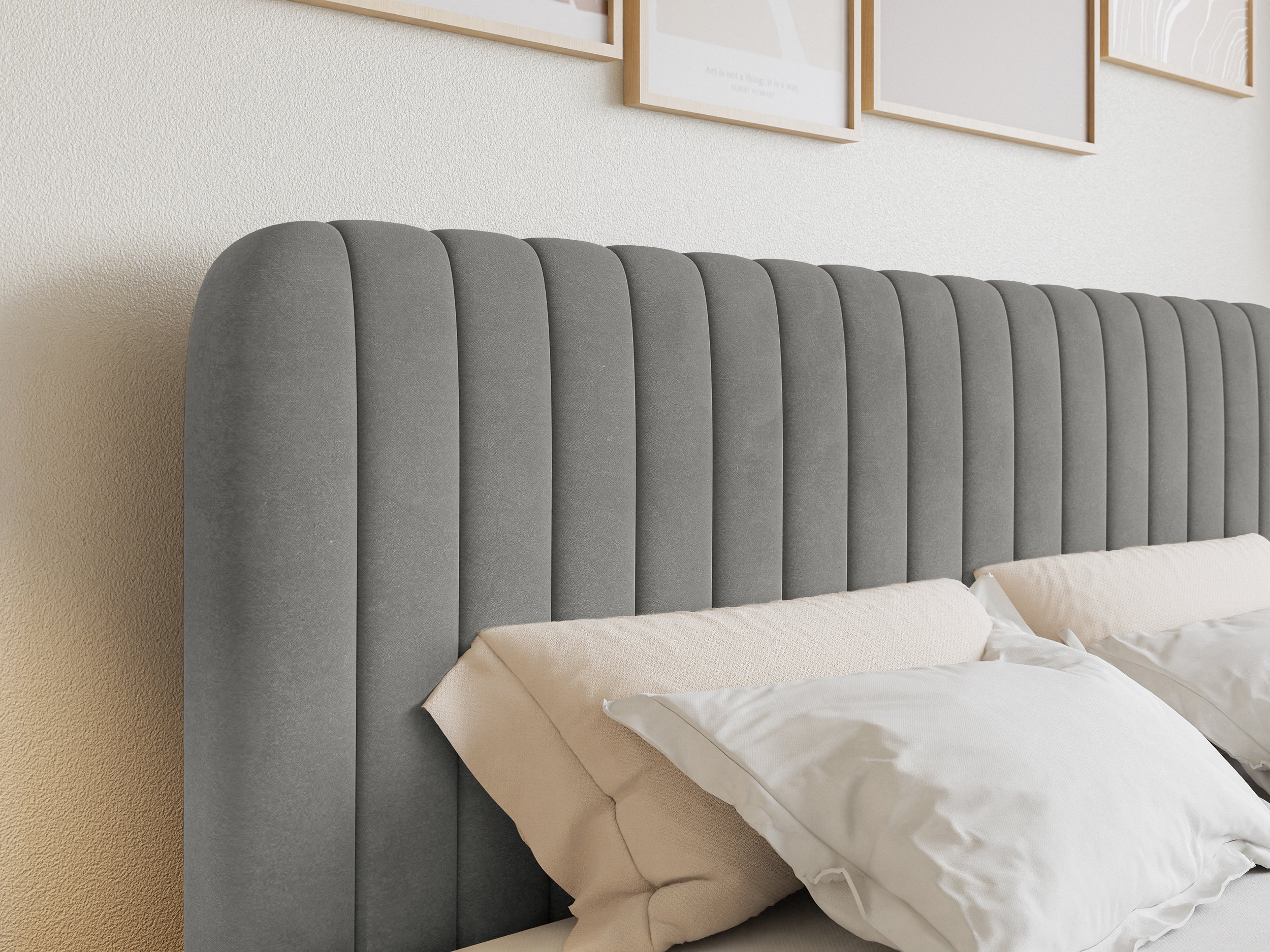Łóżko kontynentalne 140x200 cm Saliano z pojemnikami i topperem szare welur