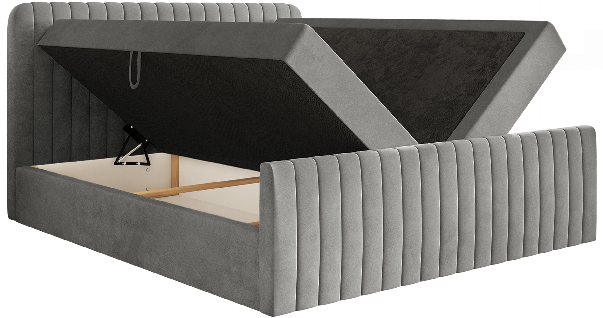 Łóżko kontynentalne 140x200 cm Saliano z pojemnikami i topperem szare welur