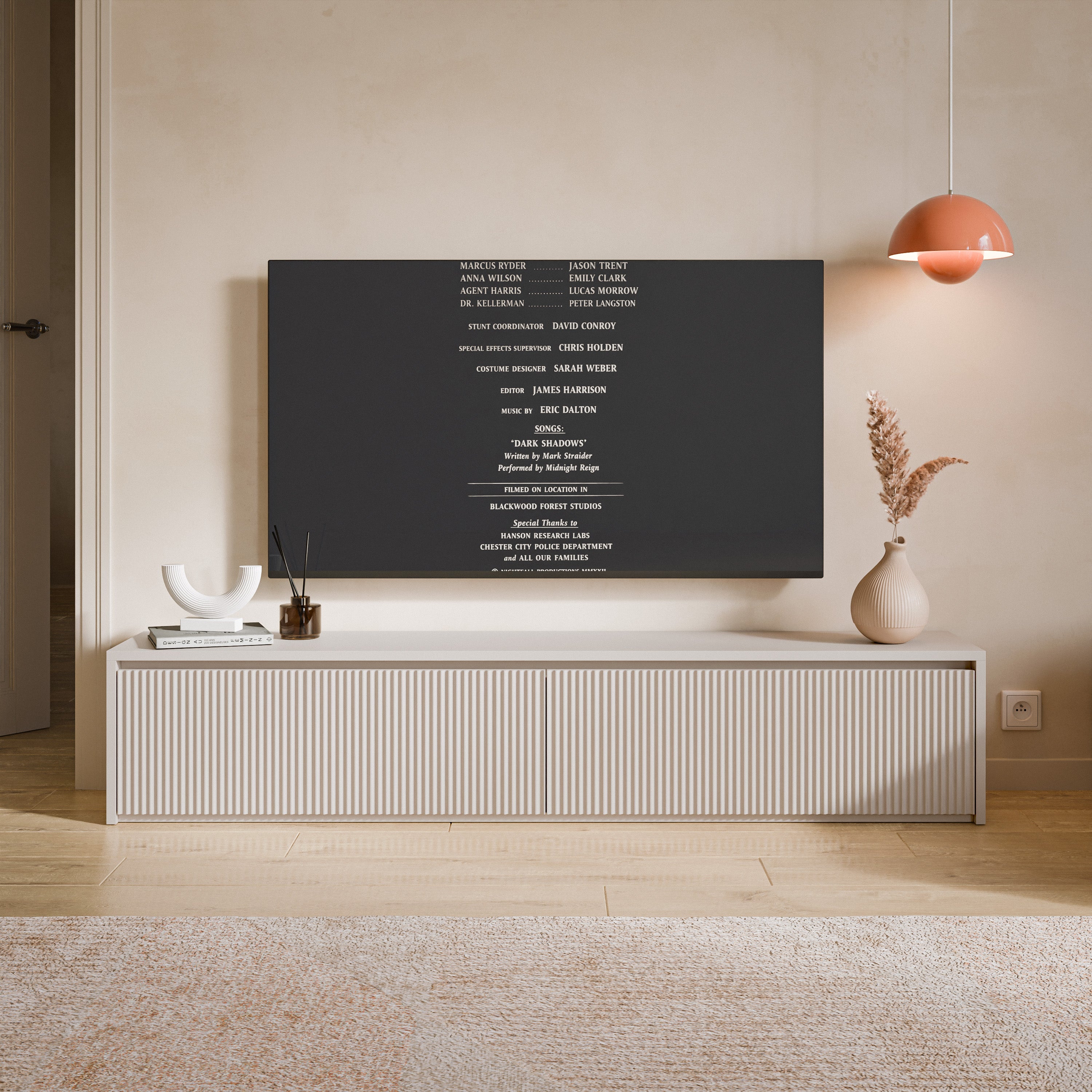 Szafka RTV dwudrzwiowa Vemmi 180 cm z ryflowanym frontem kaszmir