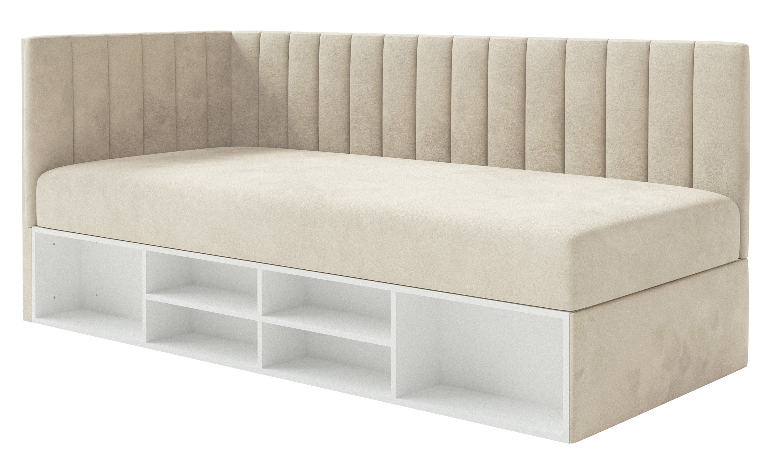 Łóżko młodzieżowe 90x200 cm Ventrio lewostronne z pojemnikiem i półkami jasnobeżowe welur hydrofobowy łatwoczyszczący