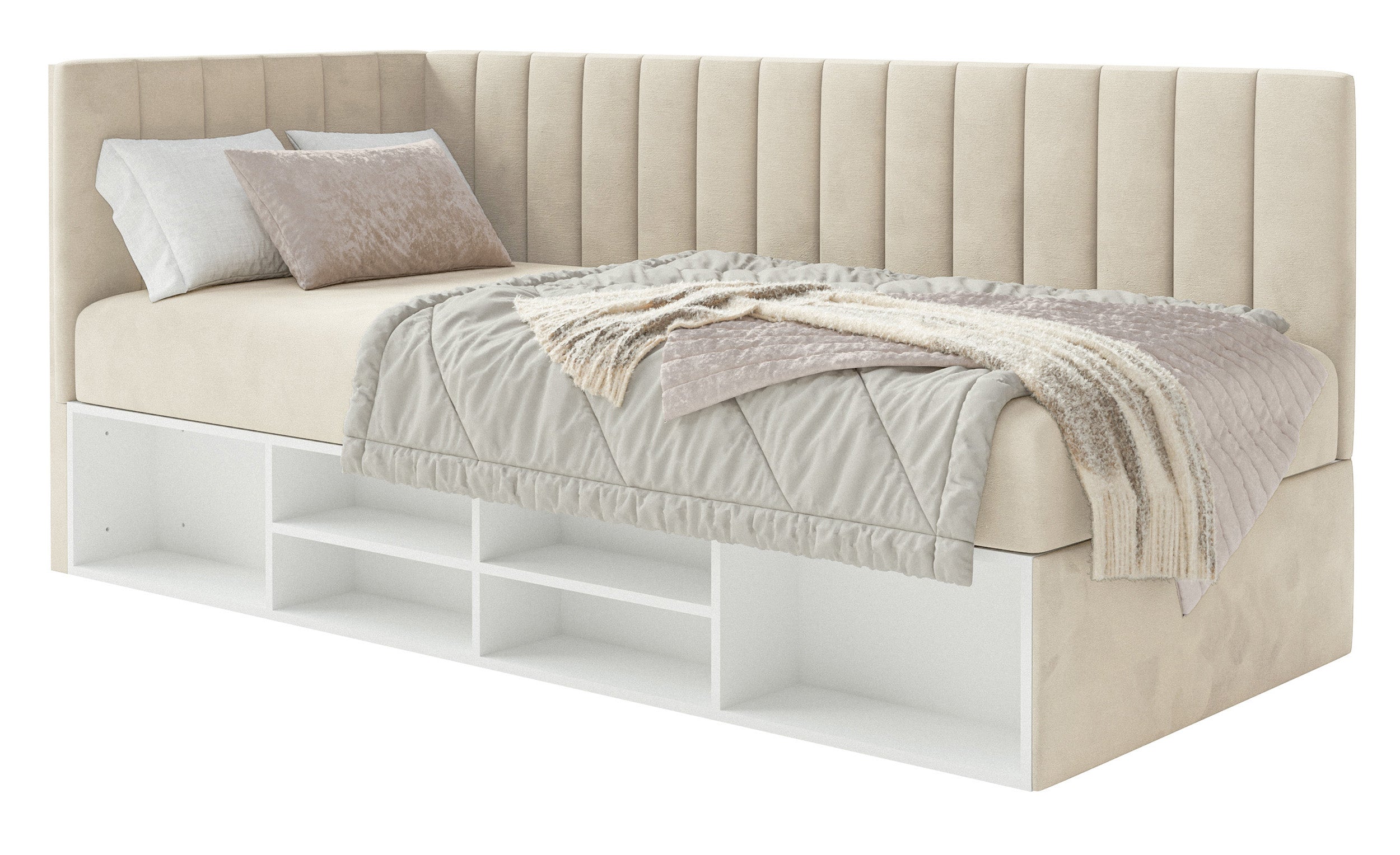 Łóżko młodzieżowe 90x200 cm Ventrio lewostronne z pojemnikiem i półkami jasnobeżowe welur hydrofobowy łatwoczyszczący